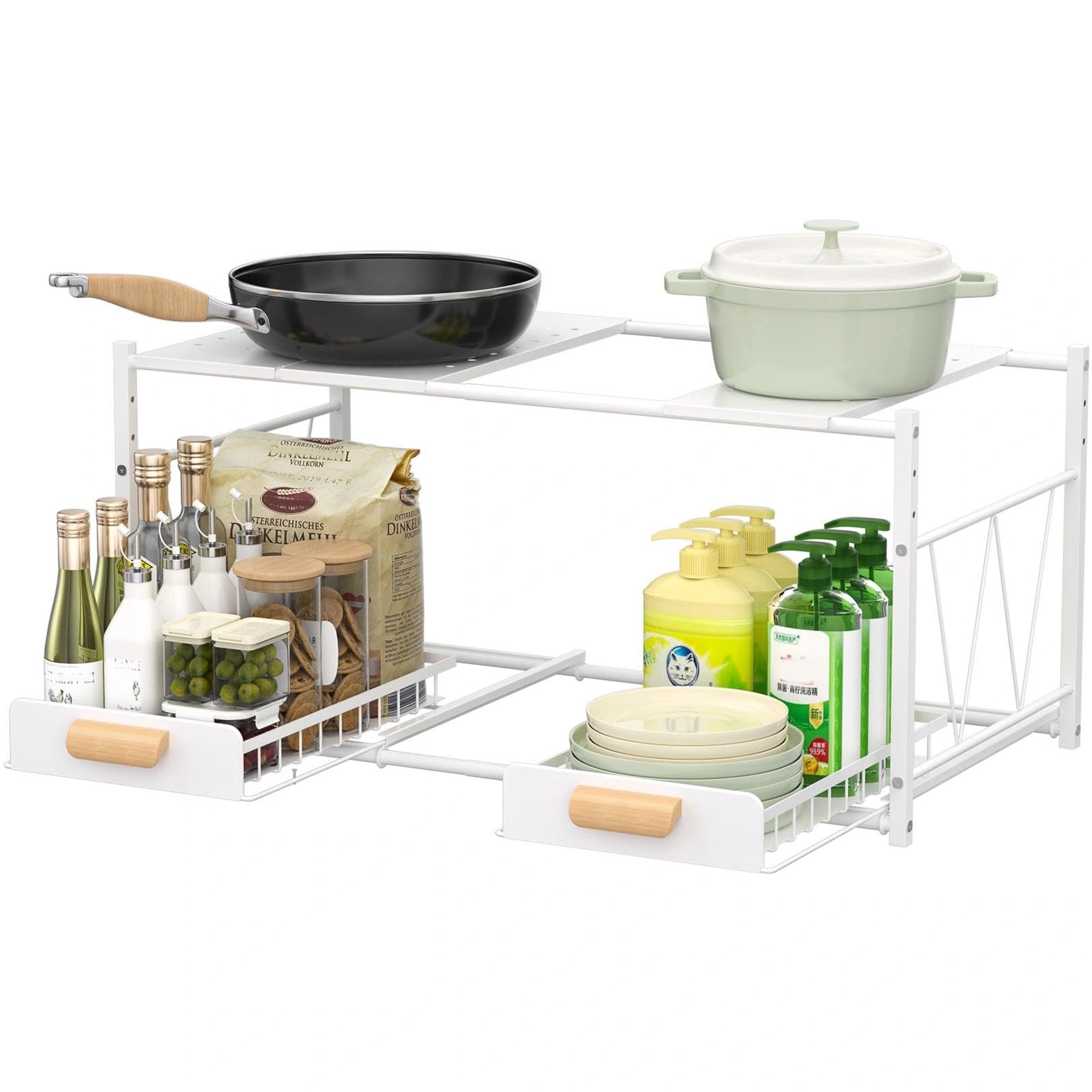 2-Tier Pull Out Under Sink Organiser Extendable Storage Shelf for Kitchen & Bathroom Cabinets - White Adjustable