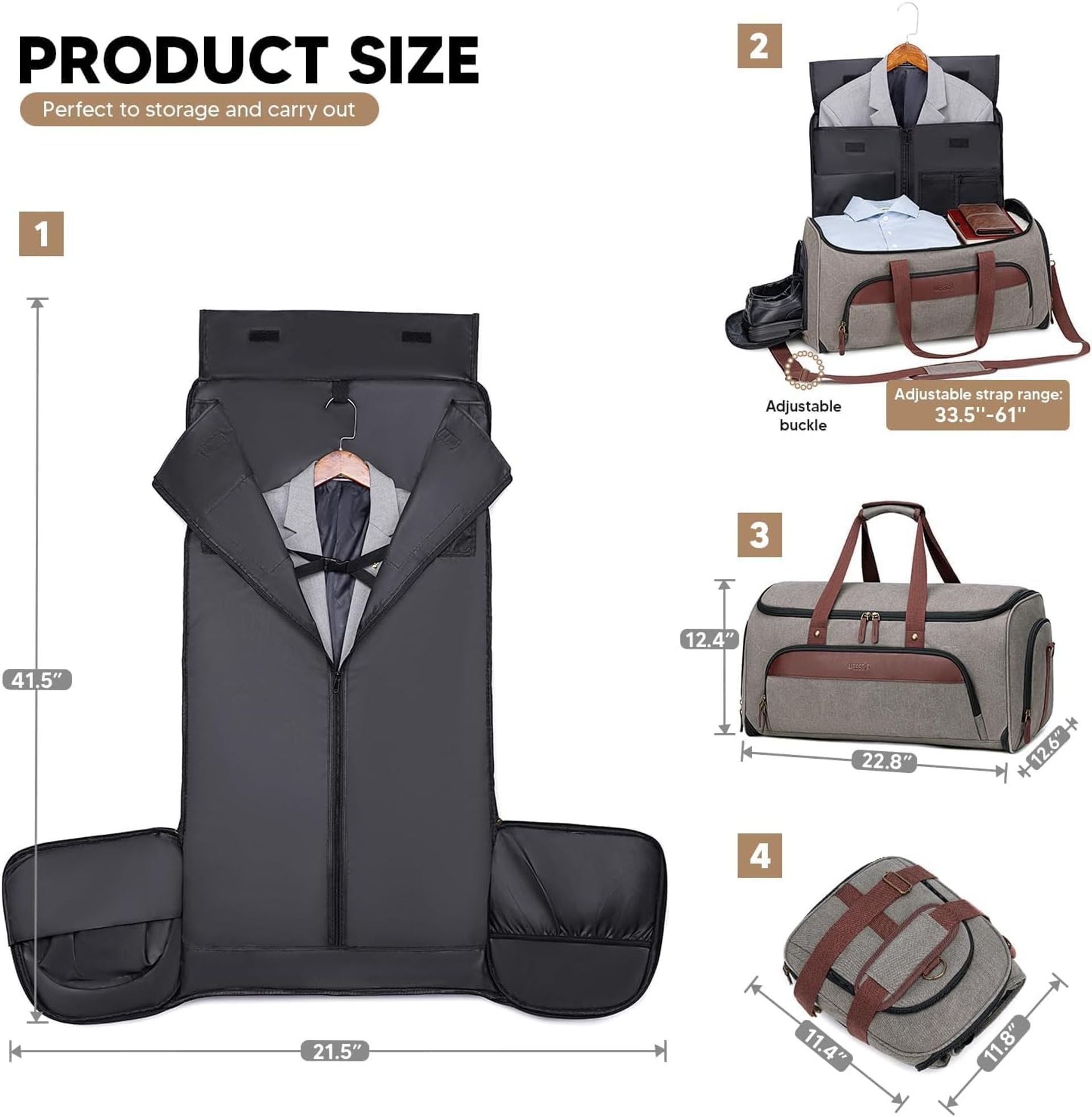 Suit Carrier Duffel Bag 2-in-1 Convertible Travel Garment Bag with Shoe Compartment for Men & Women - Grey FBGB01H