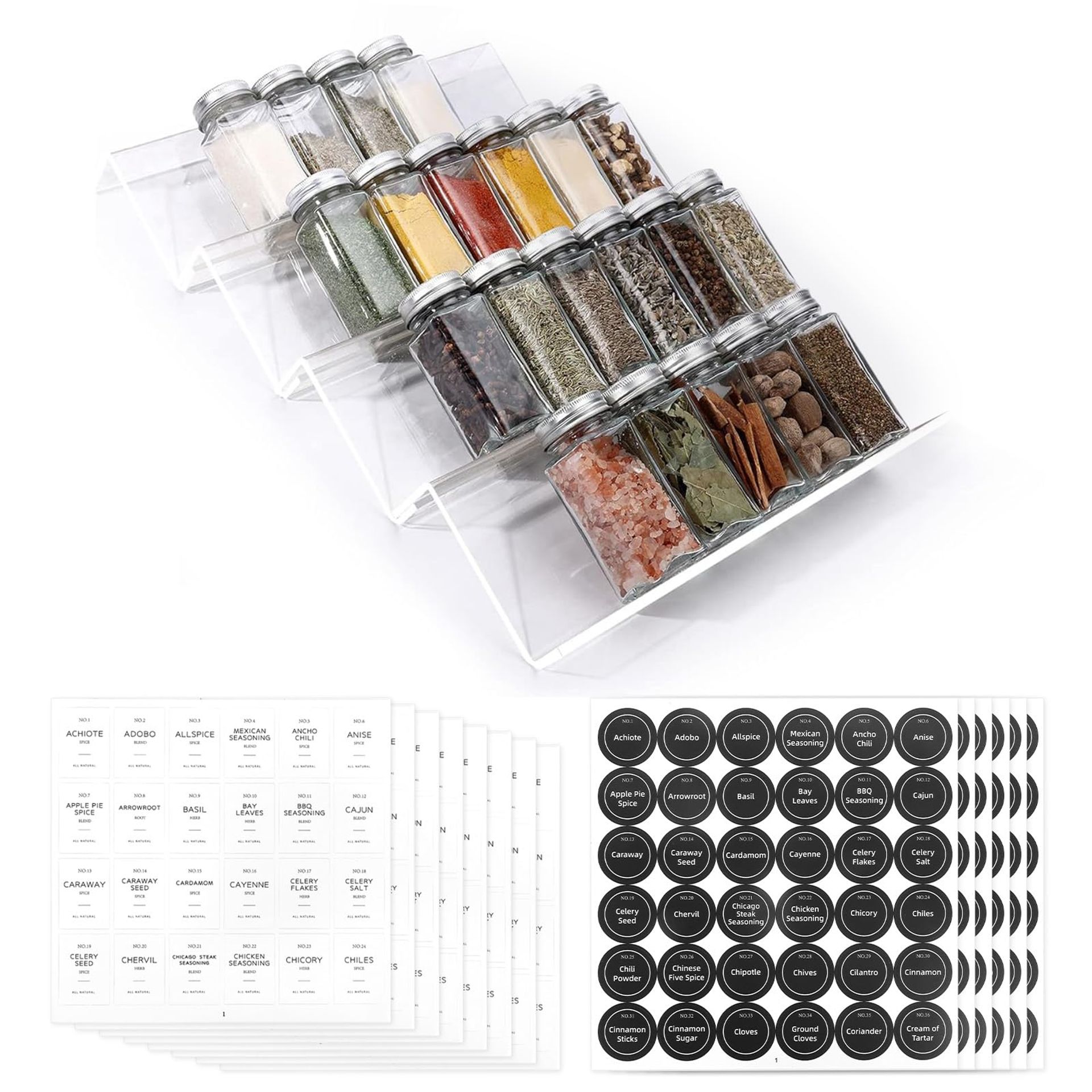 Spice Drawer Organiser with 28 Glass Jars, 348 Labels & 4 Tier Acrylic Rack for Neat Kitchen Storage
