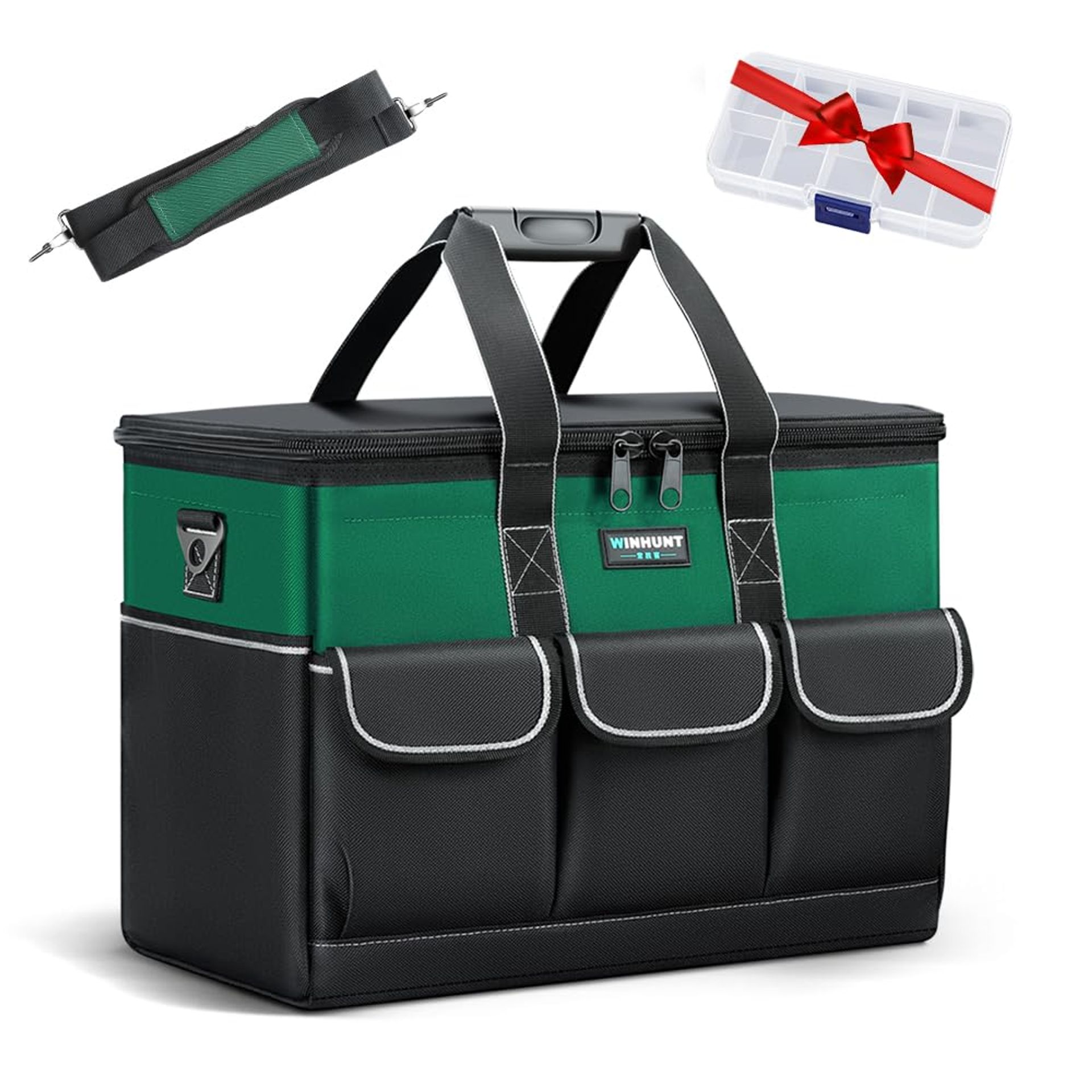 Tool Bag 15-inch Wide Mouth Organiser 600D Fabric with 14 Pockets for Electricians, DIY & Equipment Storage - Green Black 15 inch