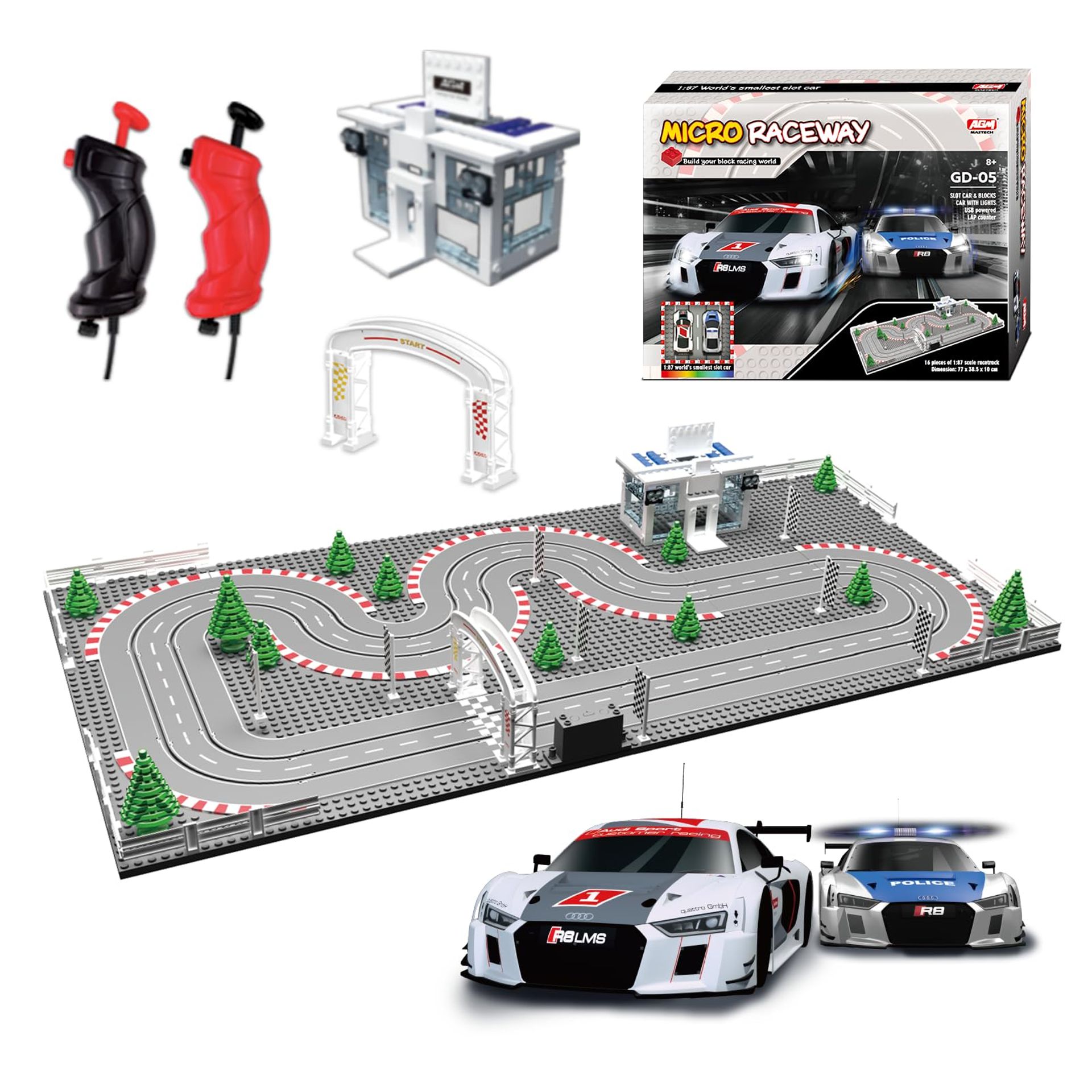 Electric Slot Car Track Set with Building Blocks - Dual Race Track, Drift Cars, USB Powered, Compatible with Major Brands