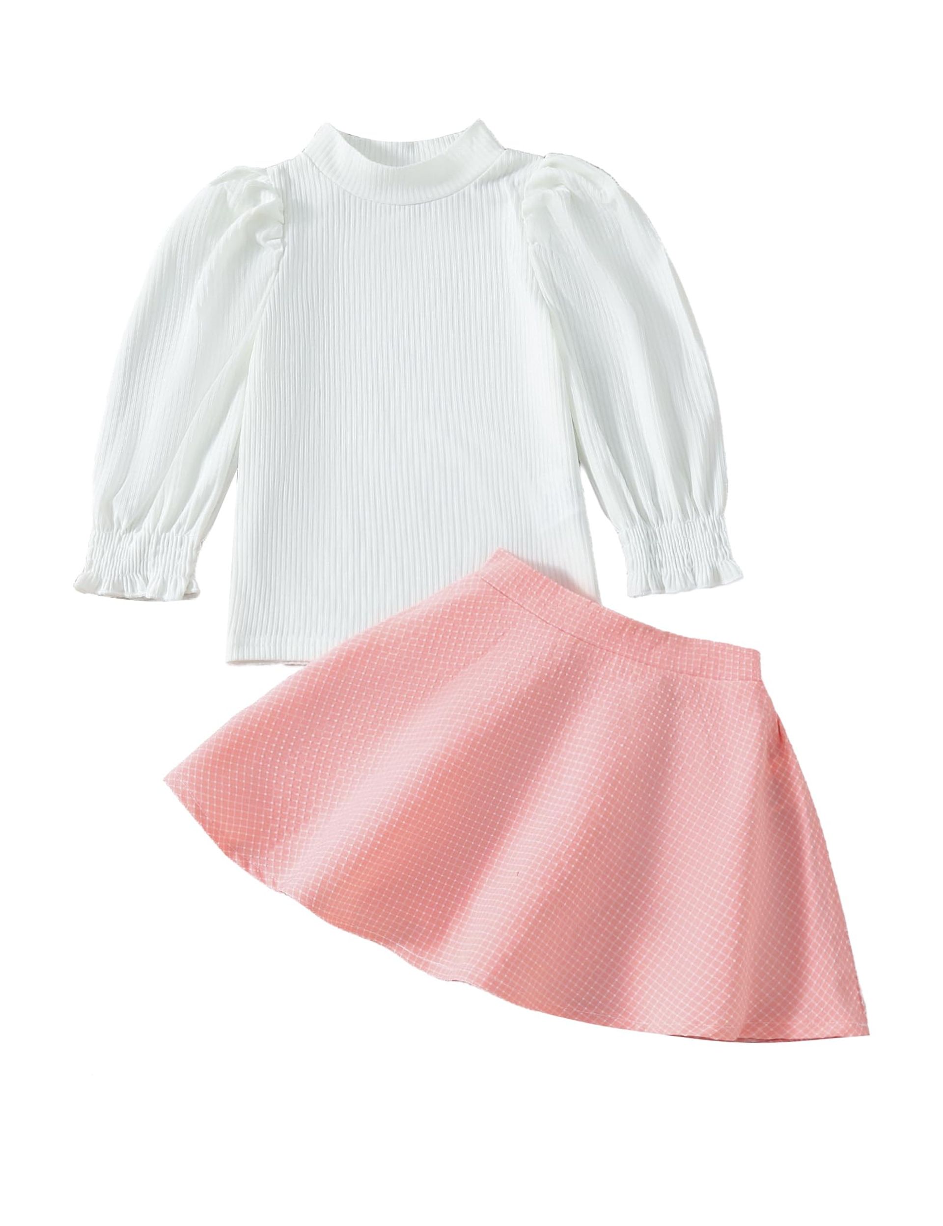 Toddler Girls' White Puff Sleeve Top & Pink Plaid Skirt Set, 2-3 Years - Perfect for Parties & Weddings
