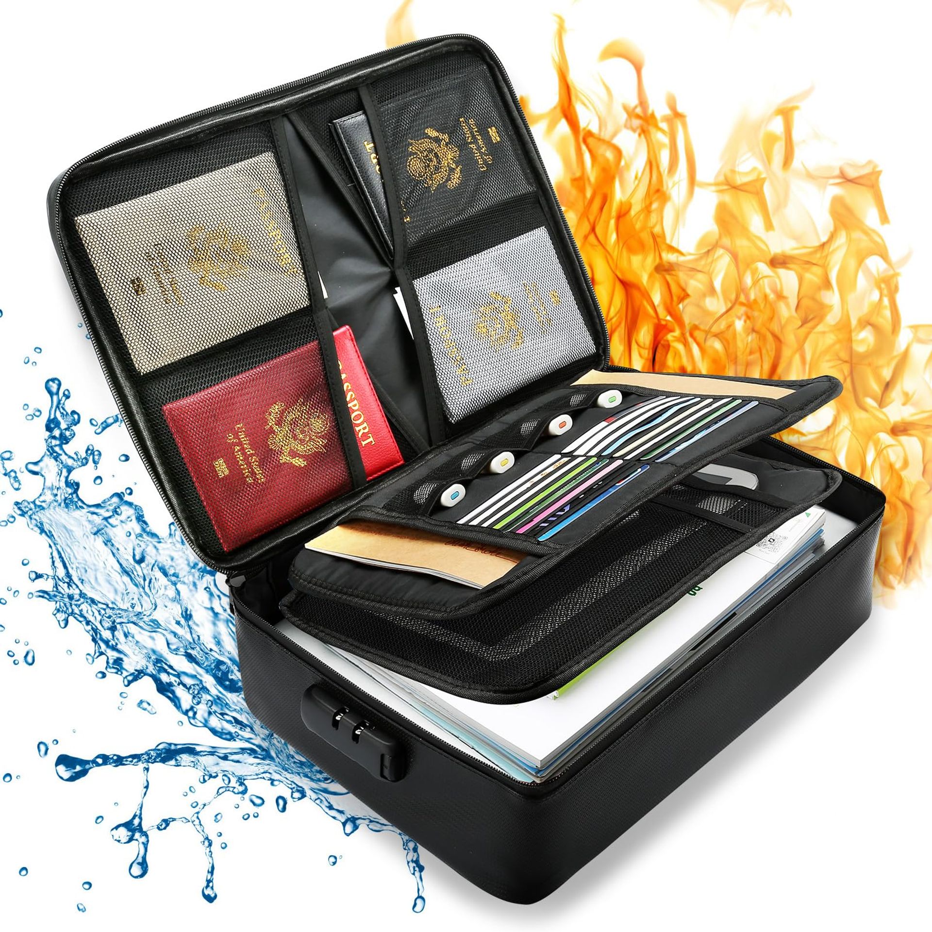 TMEOIIPY Fireproof Document Box, Fireproof Document Bag, Lockable Storage Box, Fire Proof Documents Storage Box For A4 Documents Passport Bank File Money Valuables(38 * 27 * 10cm, Black)