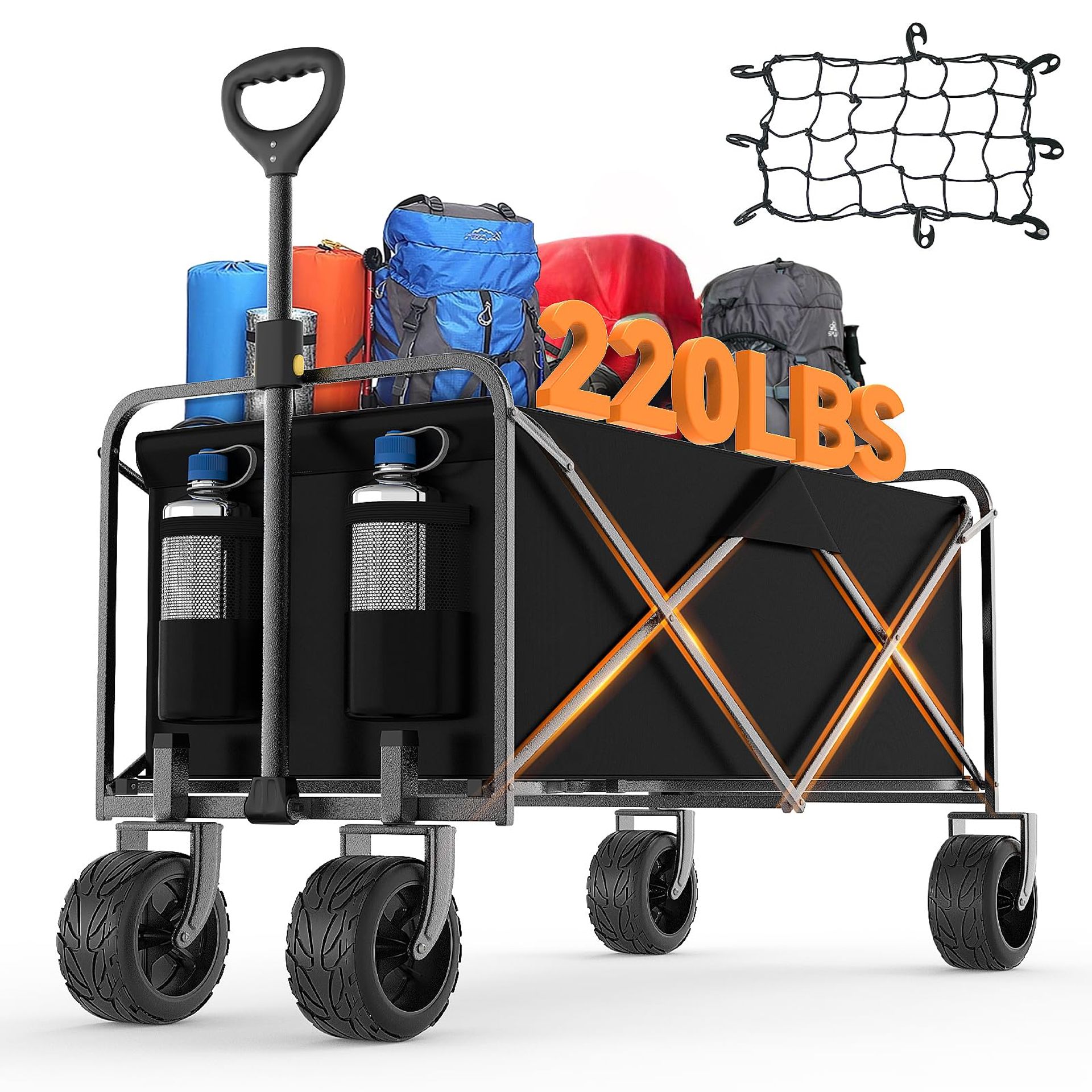 Collapsible Folding Wagon Heavy-Duty All-Terrain Utility Cart 220lbs Load with Beach Wheels & Drink Holder for Garden, Beach & Camping - Black Extra Large