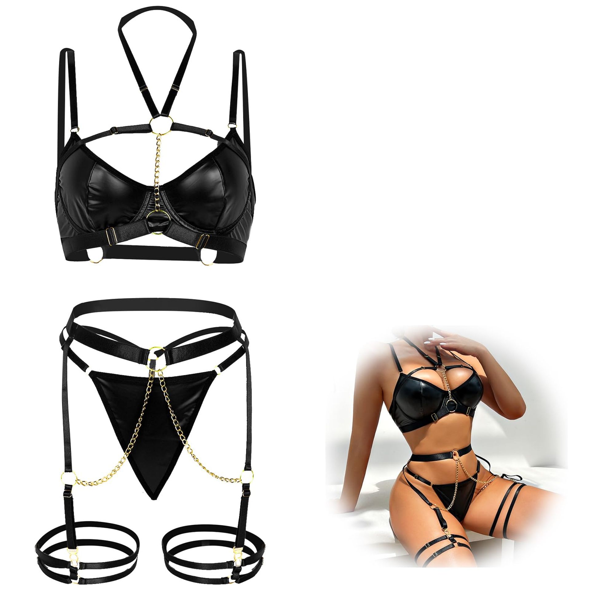 Telooco Women'S Lingerie Sets 5 Piece Faux Leather Lingerie Sexy Adjustab