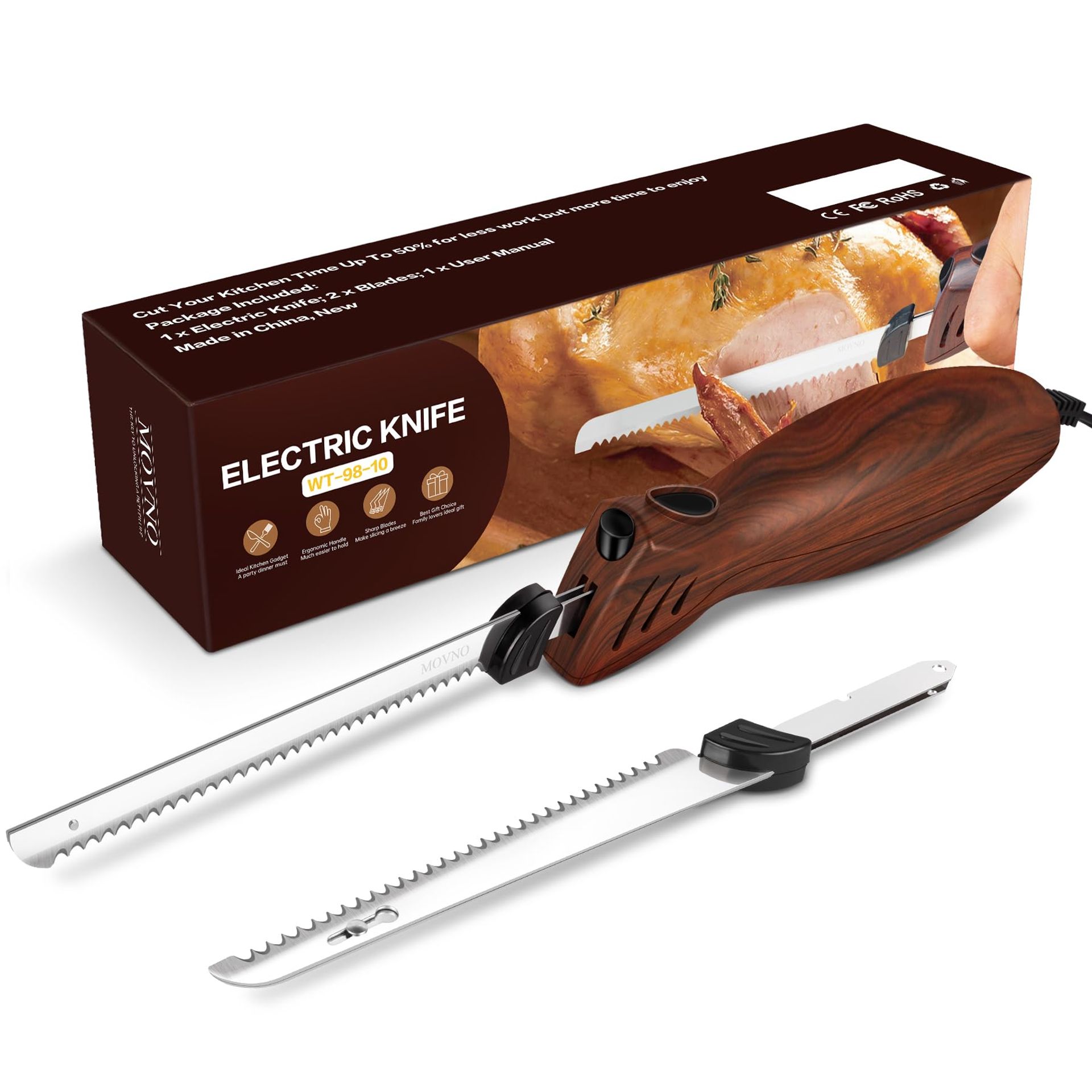 Electric Carving Knife for Meat, Bread, Turkey & Foam with Dual Serrated Blades and Ergonomic Handle - Walnut Colour Style