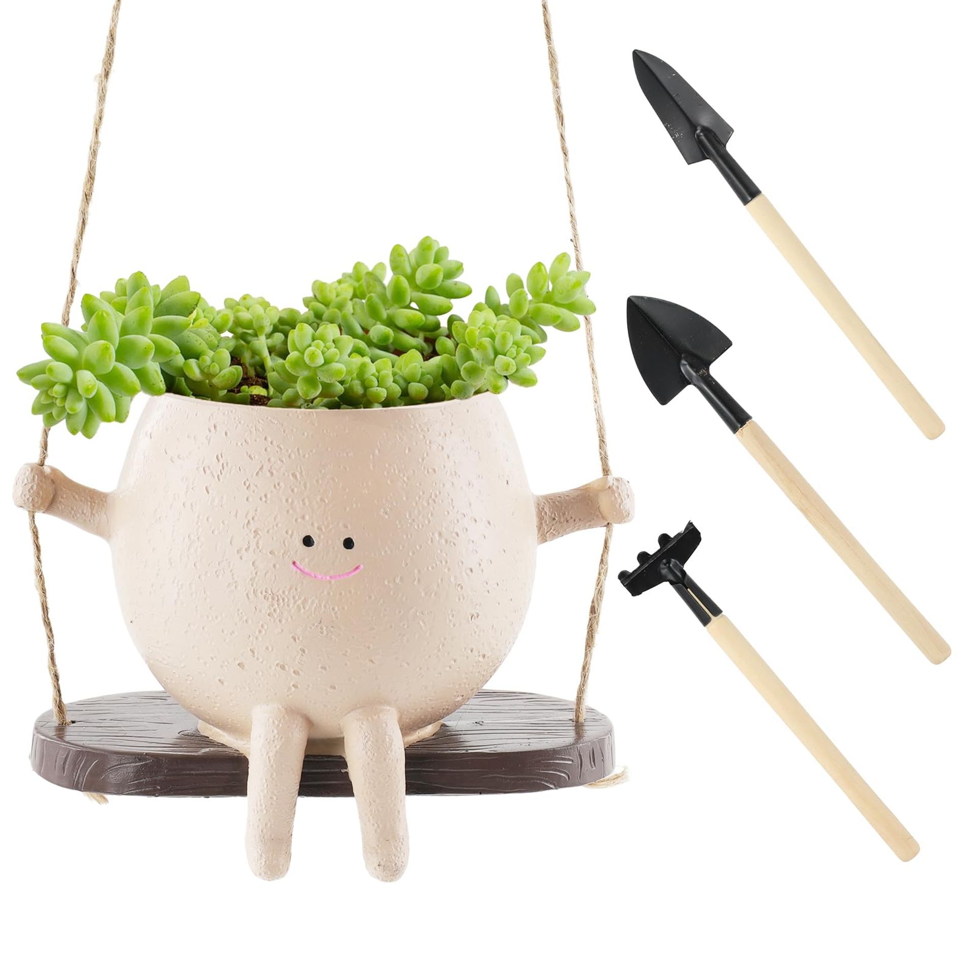 Unique Smile Face Hanging Planter Pot Set with Tools, Resin Plant Holder for Indoor & Outdoor Succulents
