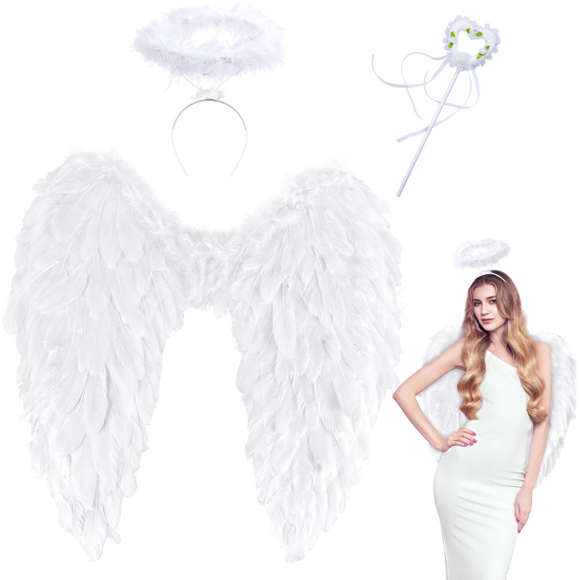Angel Wings & Halo Costume Set for Adults & Girls - Feather Fancy Dress Accessory in White 60x60cm, Perfect for Halloween & Parties - Valentines - Valentines