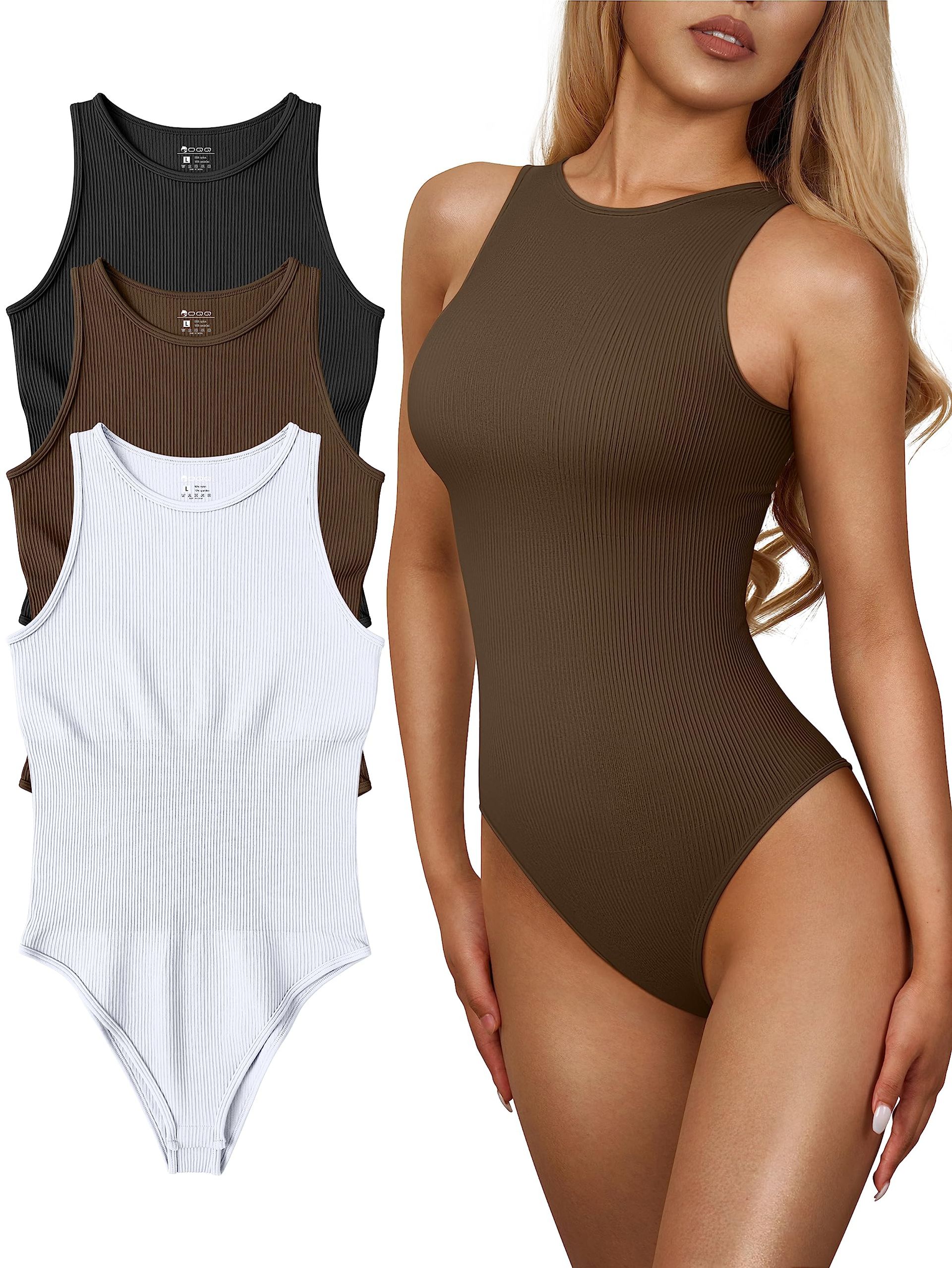 Women's 3 Piece Ribbed Bodysuits Sleeveless Halter Neck One Piece - Black Coffee White, Small