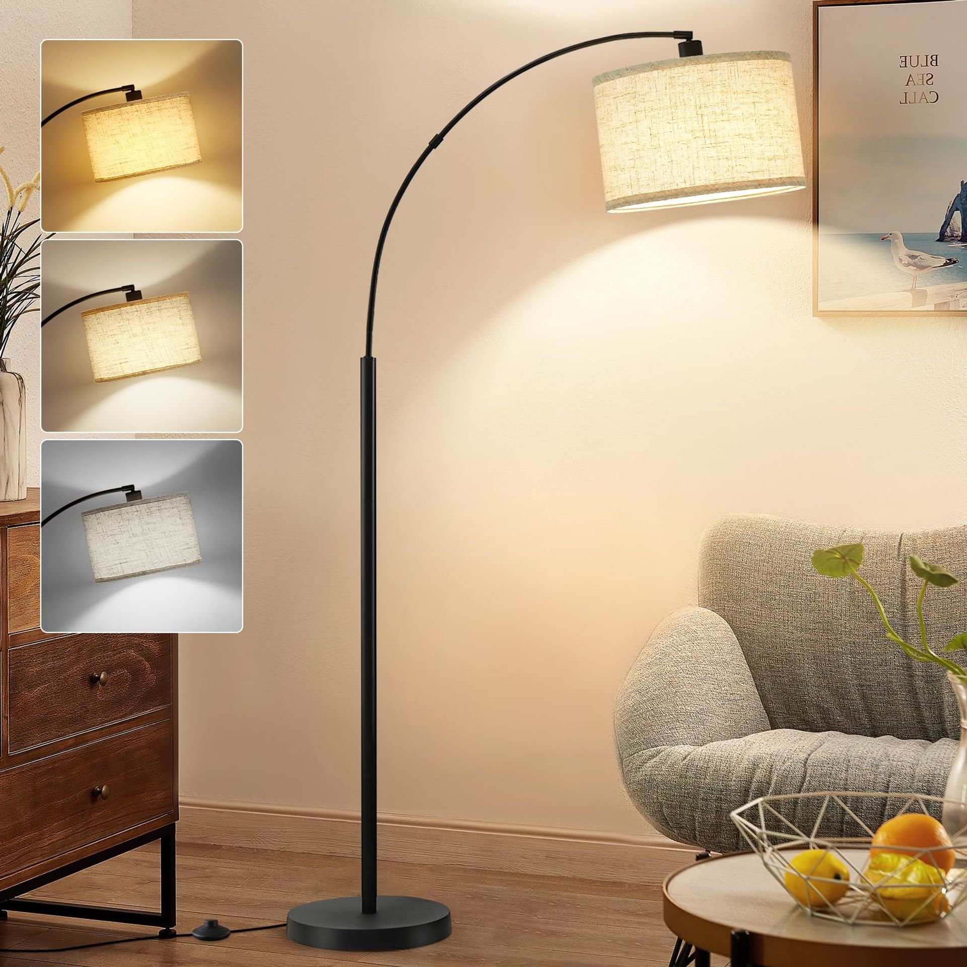 Arc Floor Lamp for Living Room with Adjustable Head 3 Colour Temperatures and Foot Switch - Black 73.6x30.4x180cm