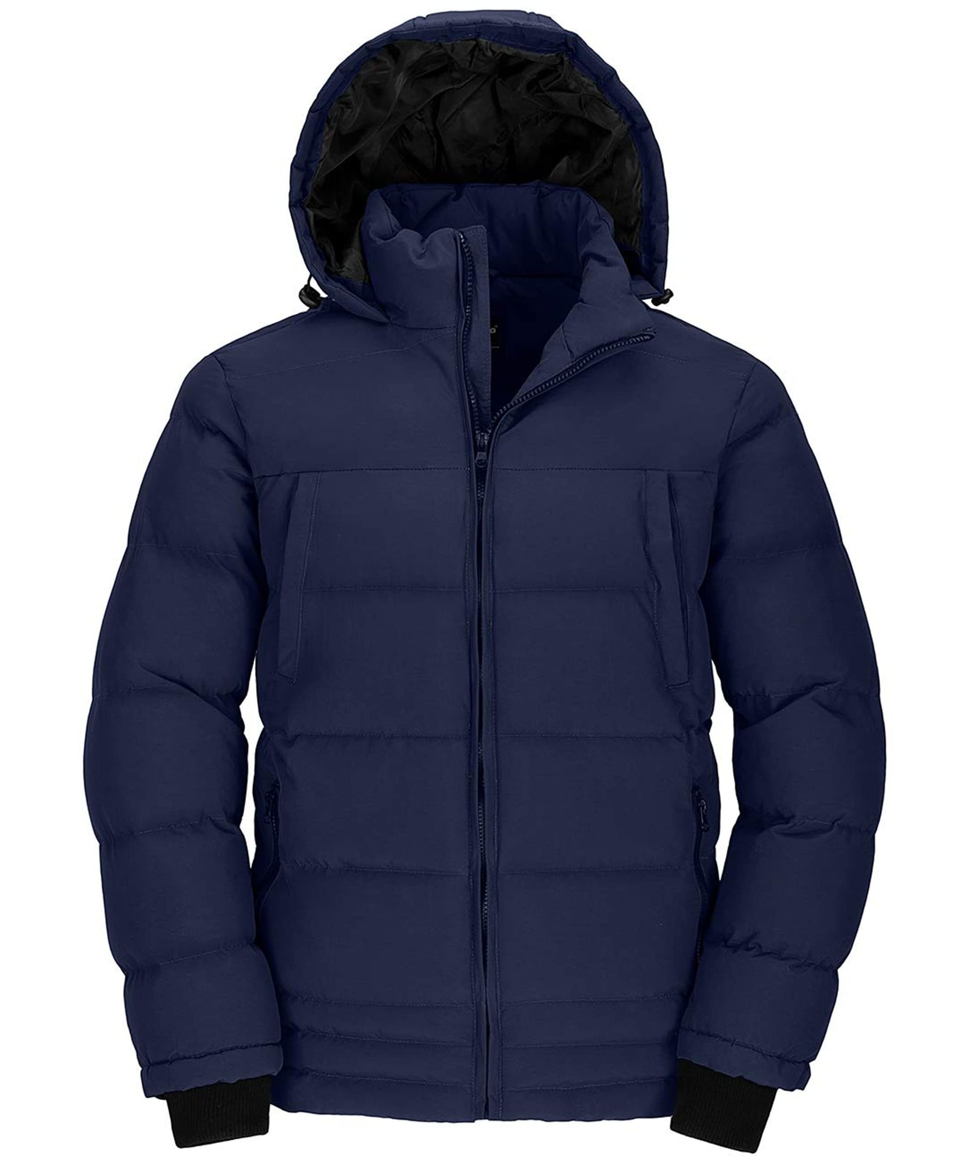 Men's Navy Hooded Winter Jacket, Water Resistant & Windproof Quilted Coat, L