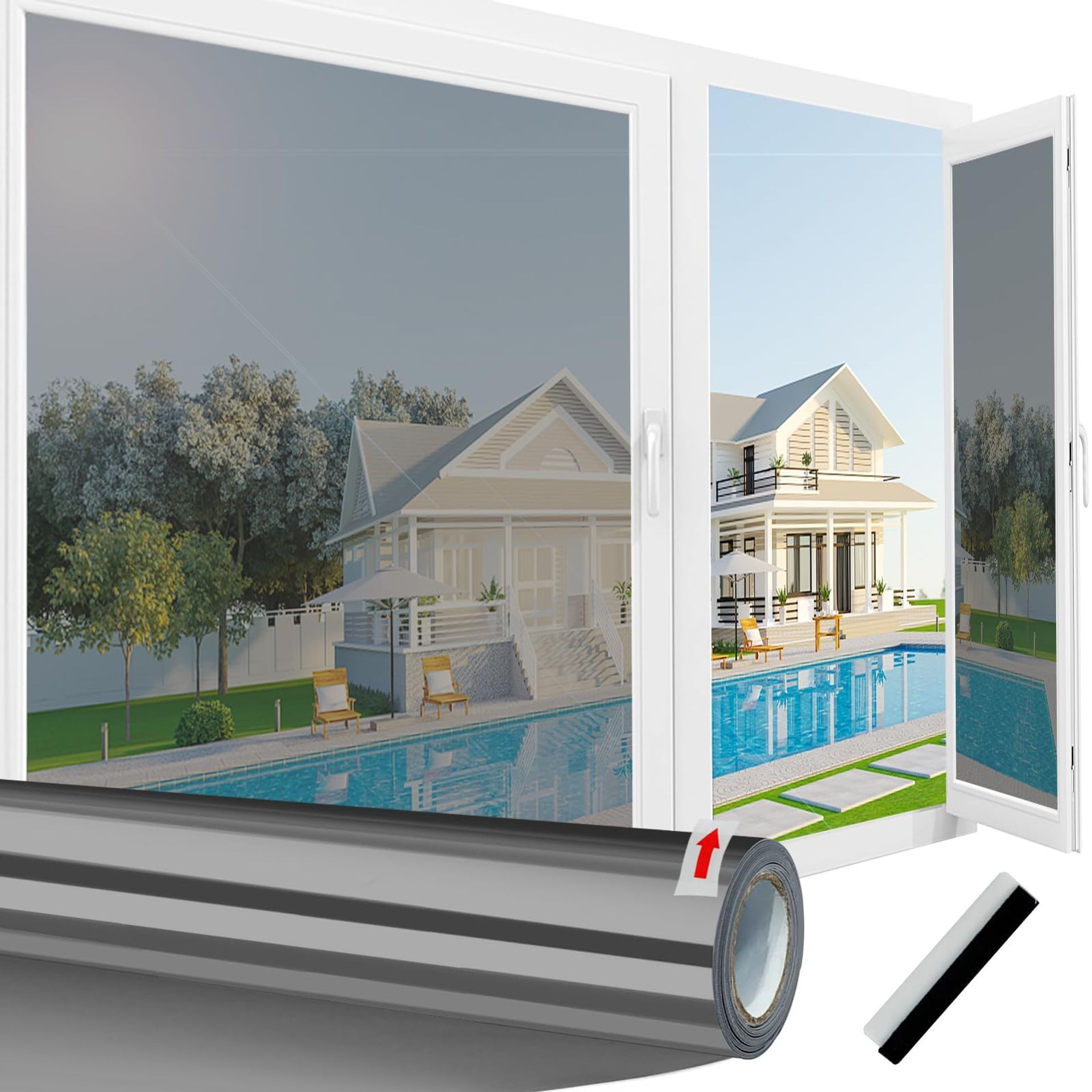 Reflective One Way Window Film Privacy Tint UV Blocking Heat Reduction Anti-Glare - Black Silver 60x400cm