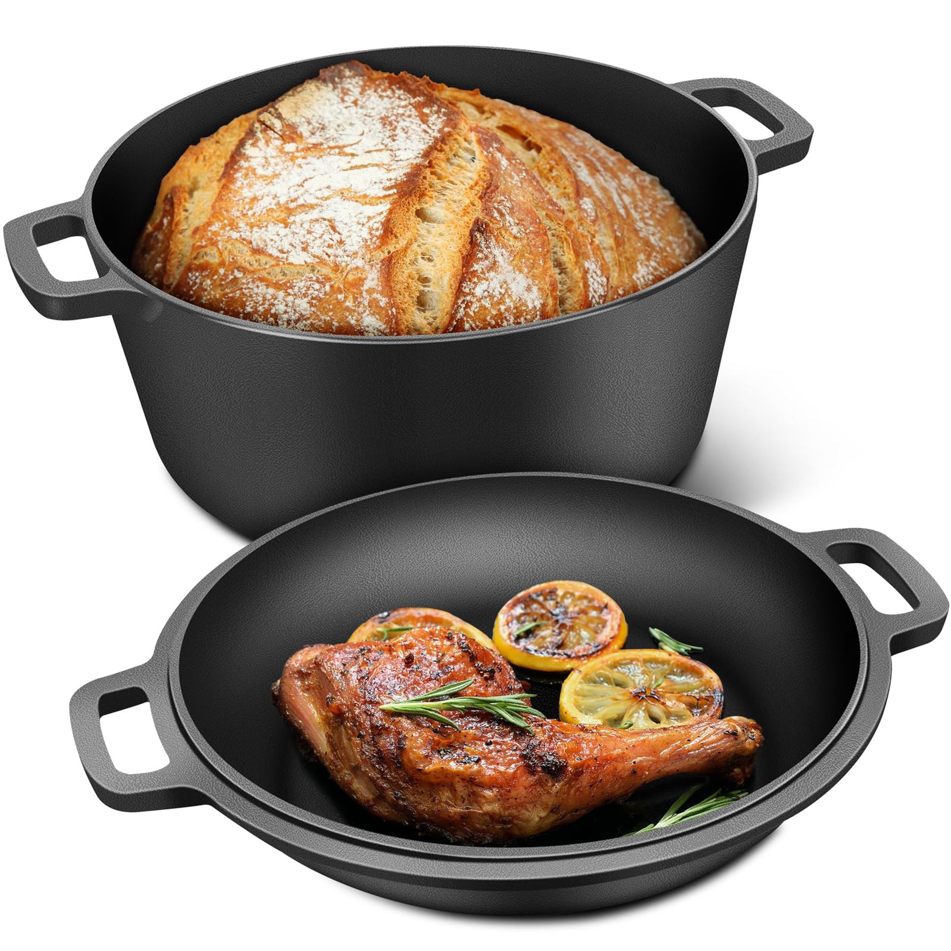 2-in-1 Pre-Seasoned Cast Iron Dutch Oven Pot with Skillet Lid 5.5QT Heavy-Duty Non-Stick Design for Baking and Stewing - Black 5.5QT