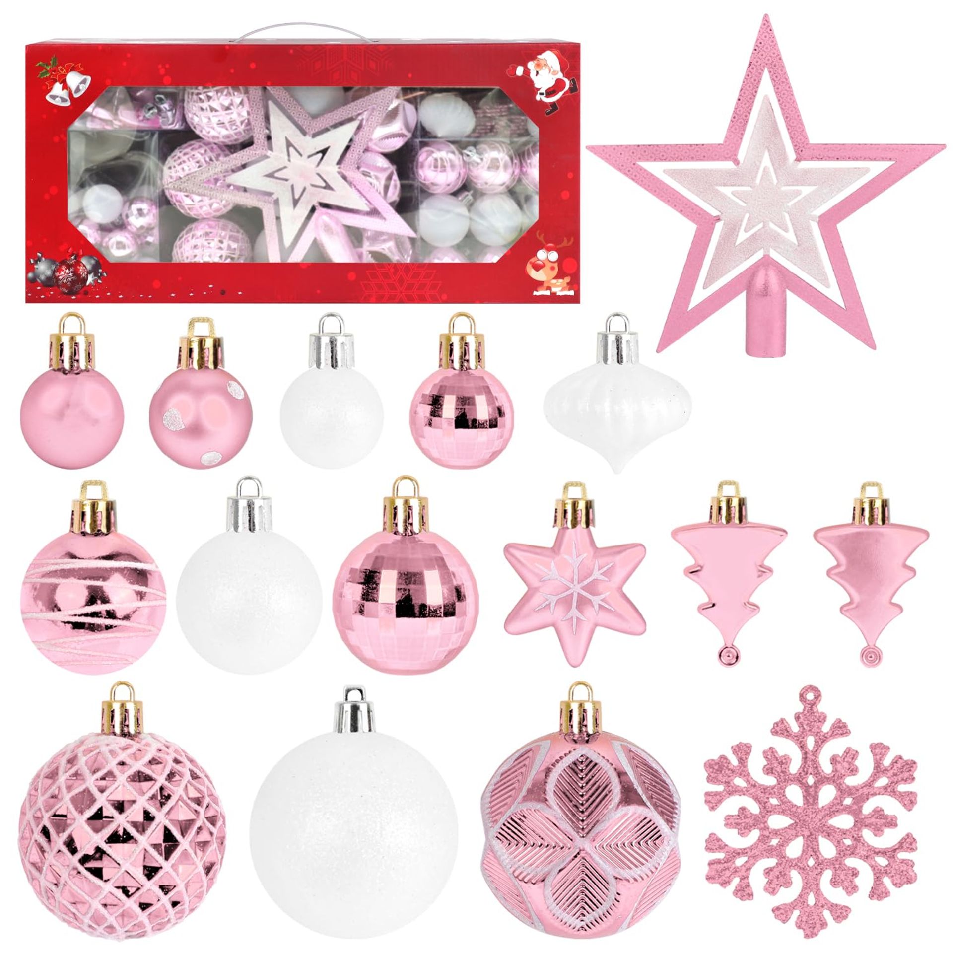 ZALAON 105 Pcs Babubles, 1.2/1.5/2/2.3 Inch Red/White Balls Decoration Shatterproof Tree Baubles Treetop Star Hanging Snowflakes Pedant Set With Strings for Christmas