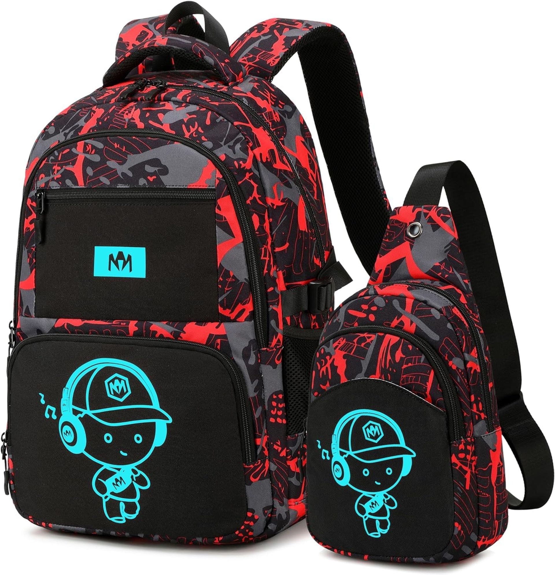 Kids School Backpack Boys Teens Bookbag with Padded Straps and Laptop Compartment - Graffiti Red L