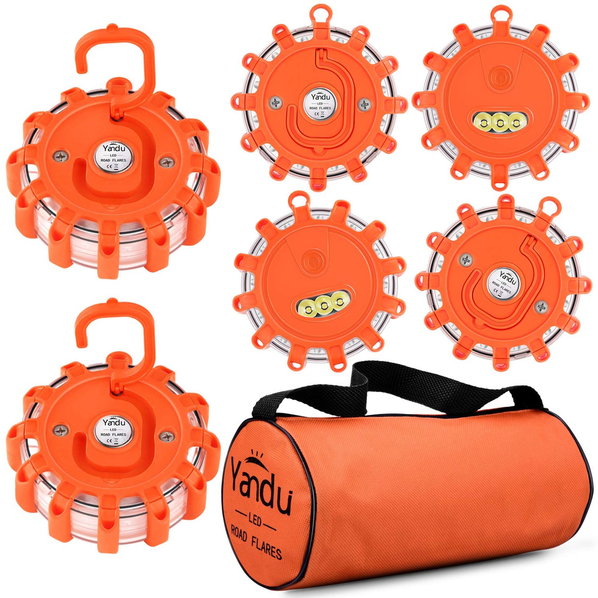 LED Emergency Road Flares 6 Pack Safety Beacon Lights with Magnetic Base and Hook - Orange 6-Pack