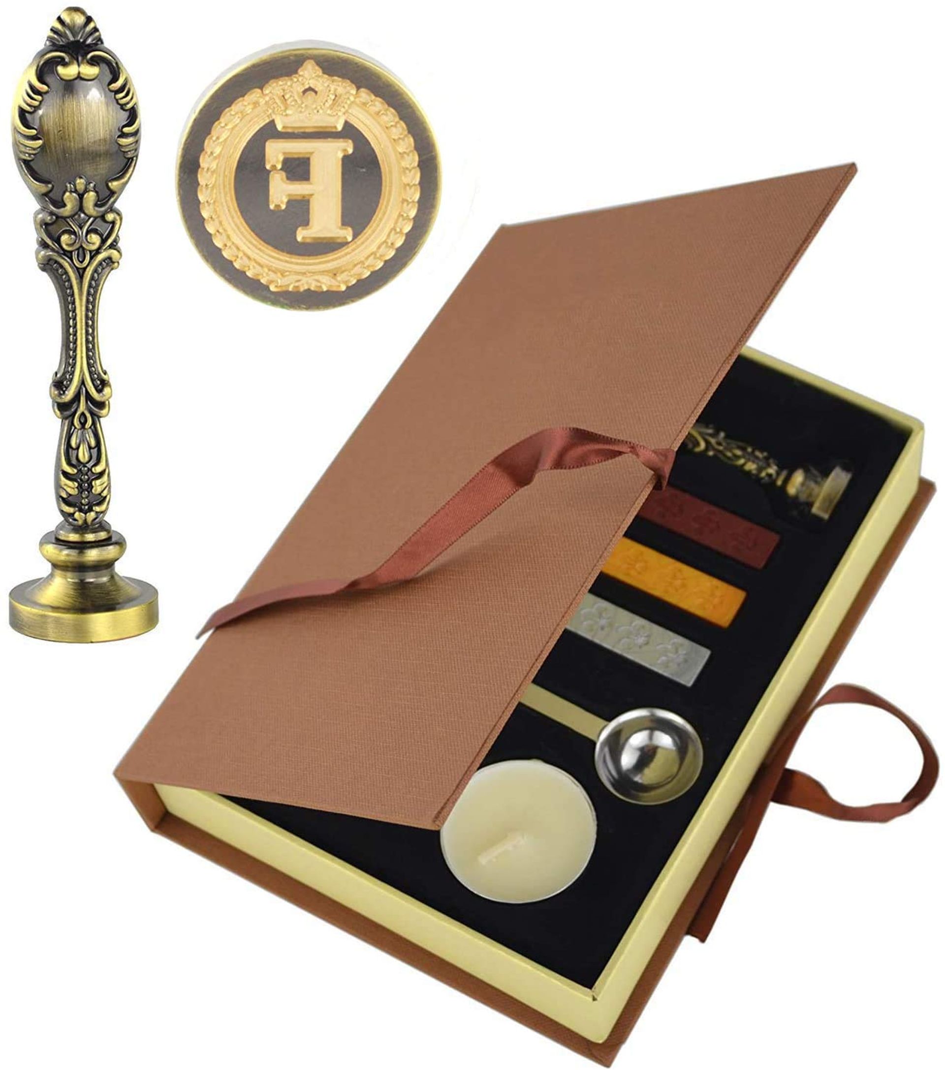 Vintage Initial Wax Seal Stamp Kit - Brass Head, Gift Set with Metal Handle & Wax Sticks (Letter F)