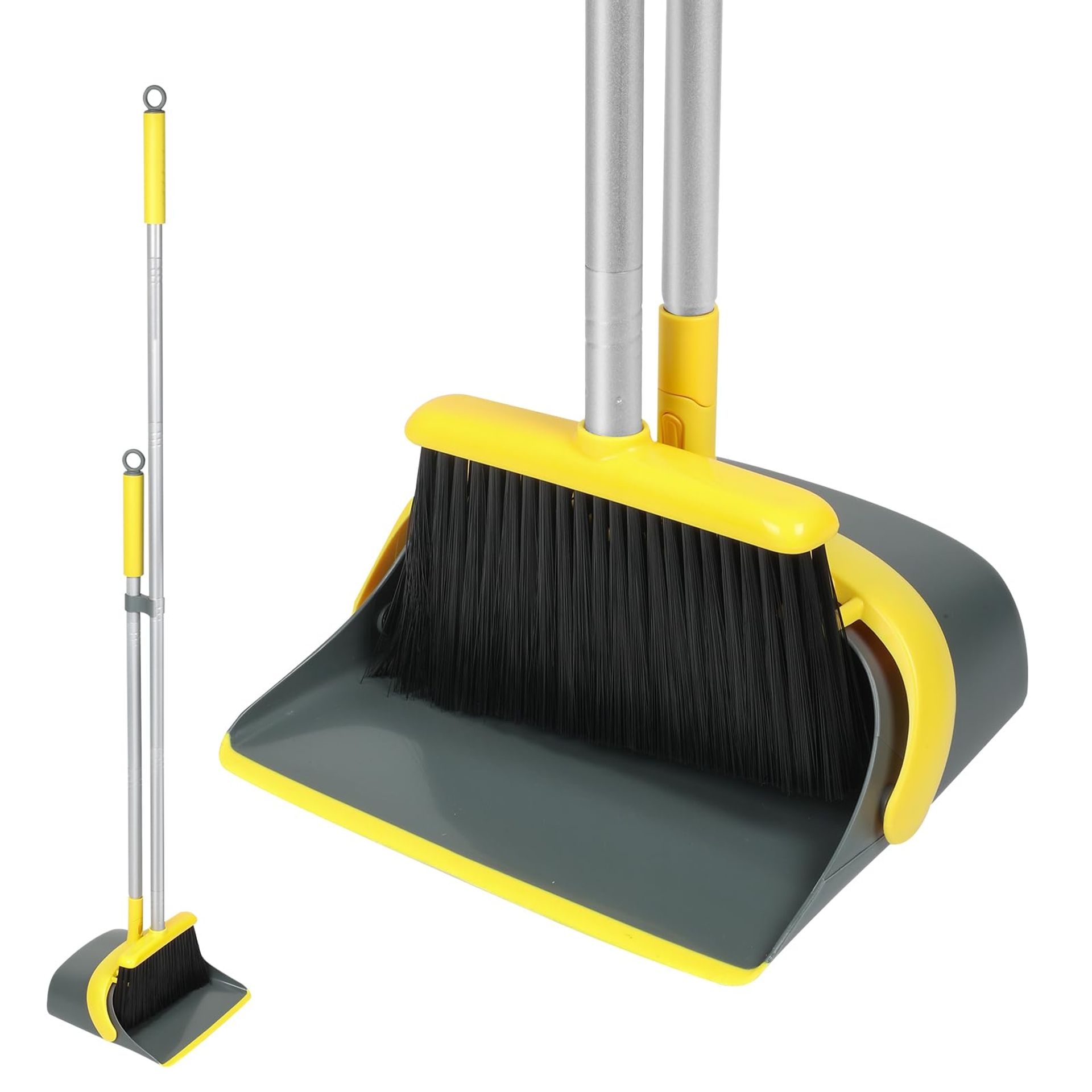 Broom and Dustpan Set with Long 54 Inch Handle Flexible Brush Combo for Easy Home Cleaning - Yellow and Grey