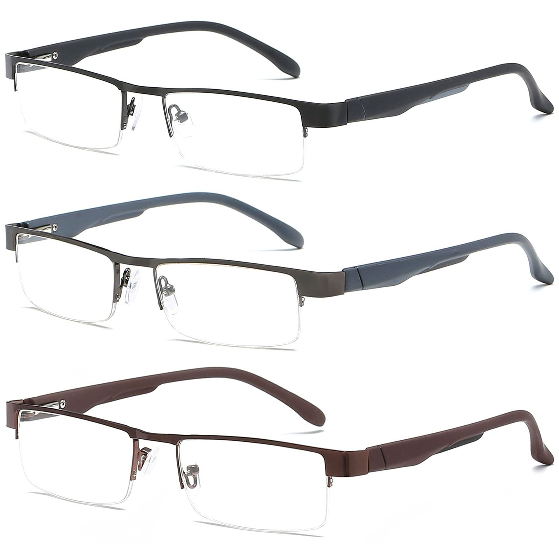 Blue Light Blocking Reading Glasses Metal Half Rim Frame for Men & Women - 3 Packs (Black Brown Grey) +1.5