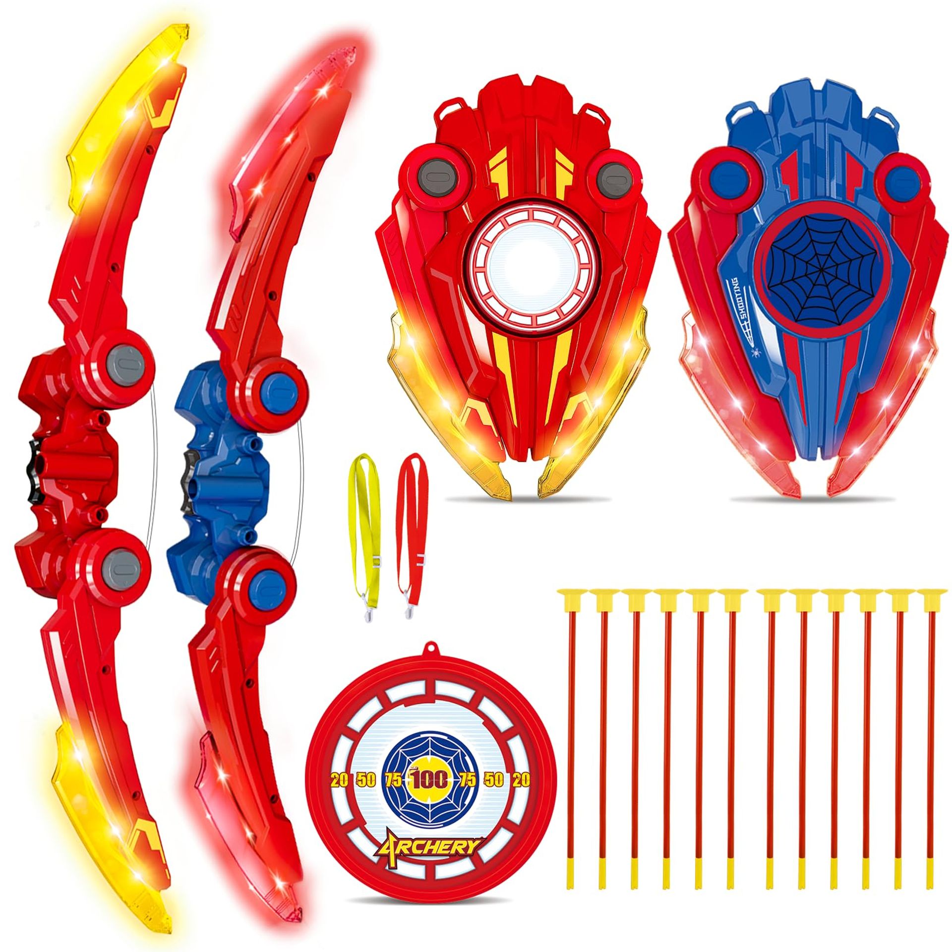 Kids Bow and Arrow Set, LED Light Up Archery Toy Set with 2 Bow 12 Suction Cup Arrows 1 Target, Indoor and Outdoor Hunting Play Gift Toys for Boys & Girls Ages 3-12, Red & Blue