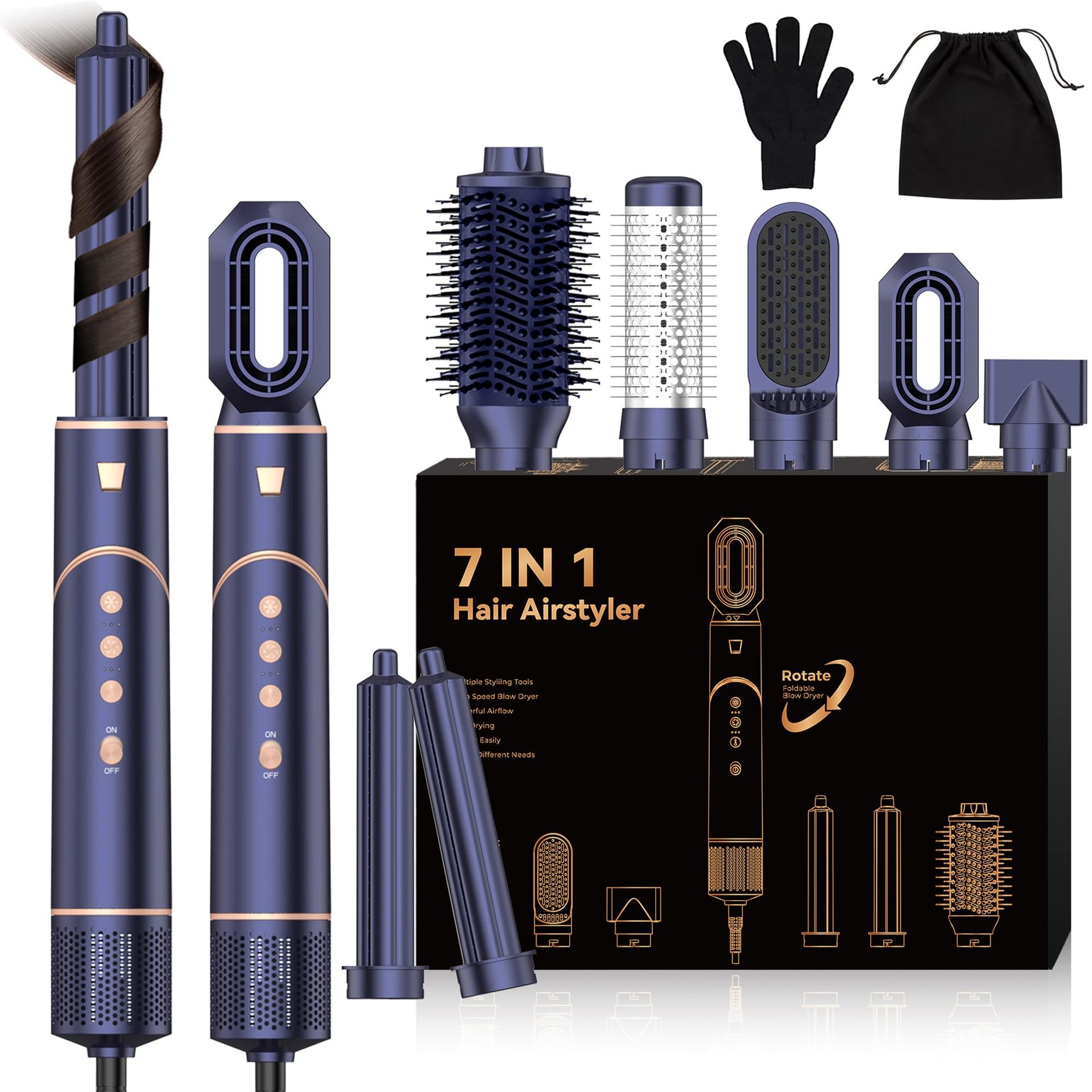 7-in-1 Professional Hair Styler & High-Speed Hair Dryer Set with Curlers, Straightening Brush & Cool Air Button - Blueslivery - Valentines