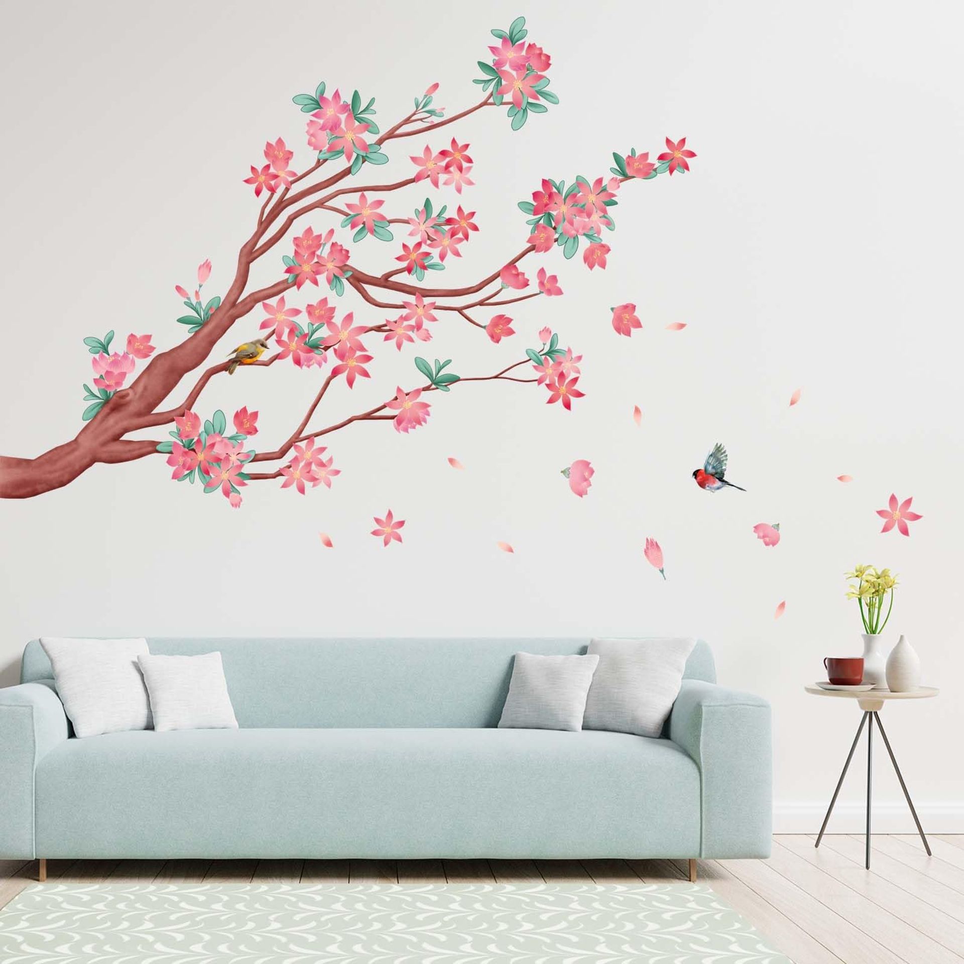 Amimagen Pink Cherry Blossom Wall Stickers - Flower Tree Branch Birds Wall Decals - Bedroom Living Room Sofa TV Background Home Wall Decor