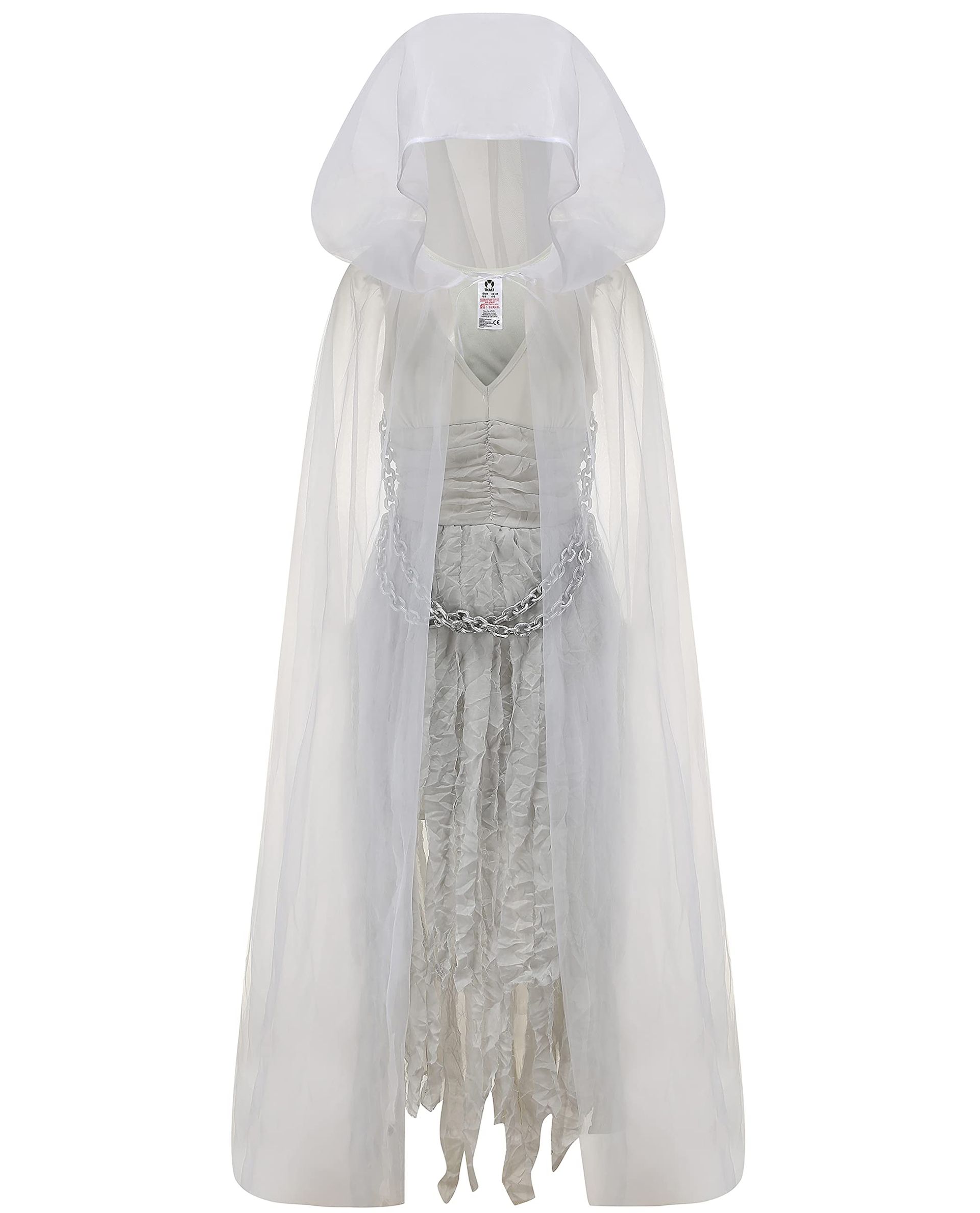 IKALI Ghost Bride Halloween Costume for Women Graveyard Zombie Witch Outfit White Dress, Long Cape with Hood, Plastic Chain