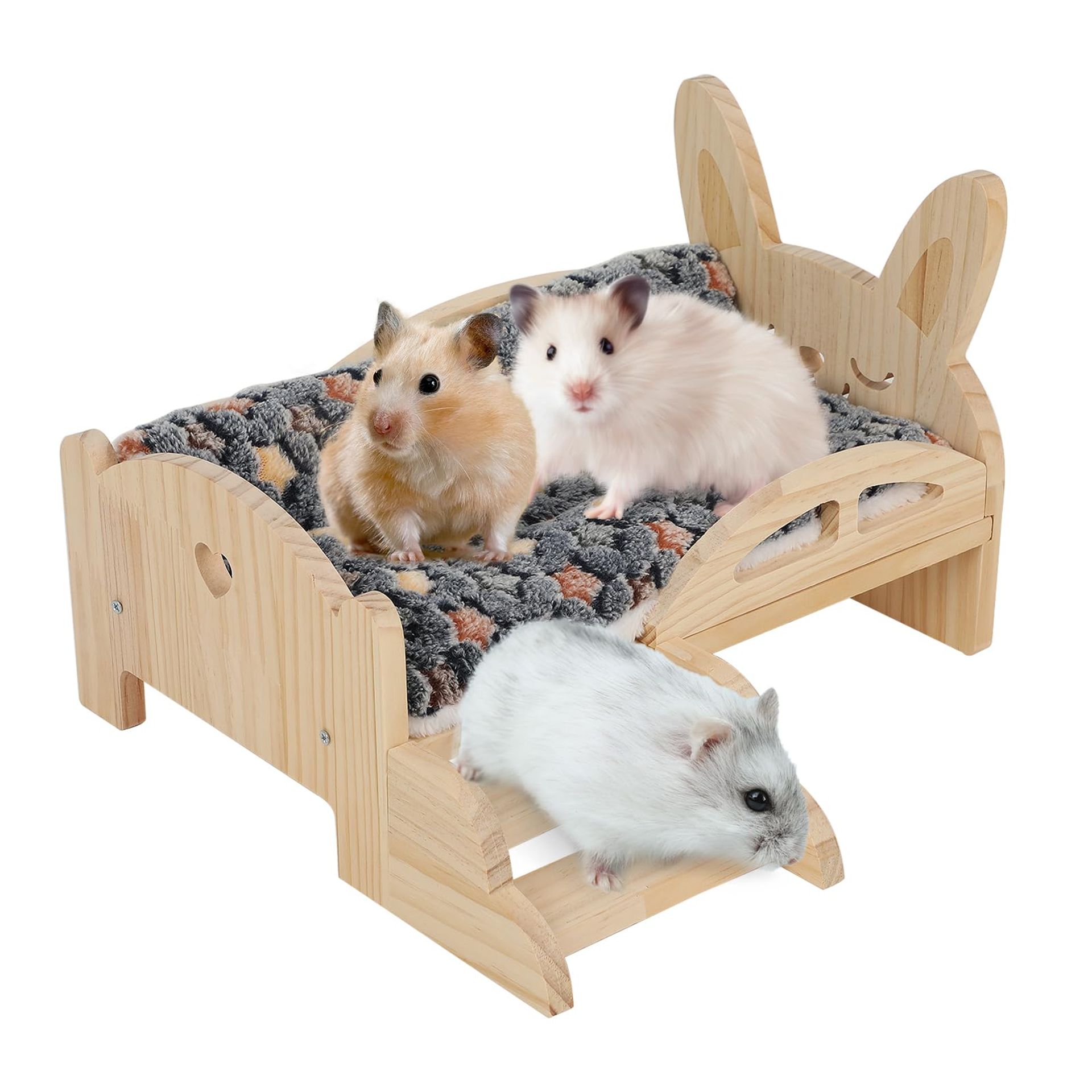 Wooden Guinea Pig Bed with Stairs & Fleece Mats - Small Animal House & Cosy Sleeping Pad