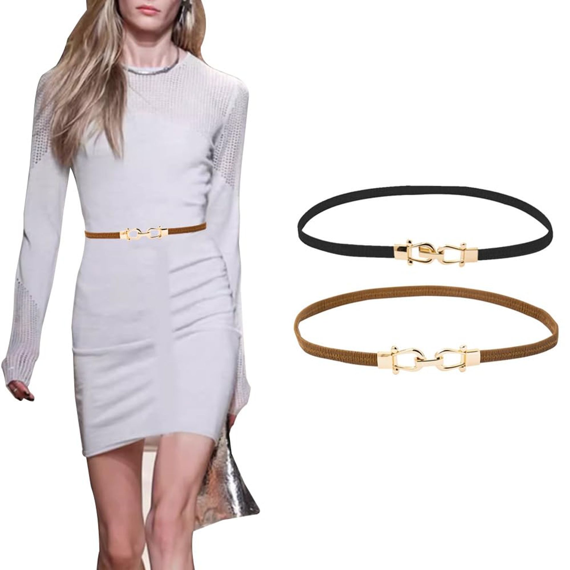 FDEETY Women's Stretchy Skinny Waist Belt Set - Black & Camel - Fashion Elastic Belts for Dresses & Jeans