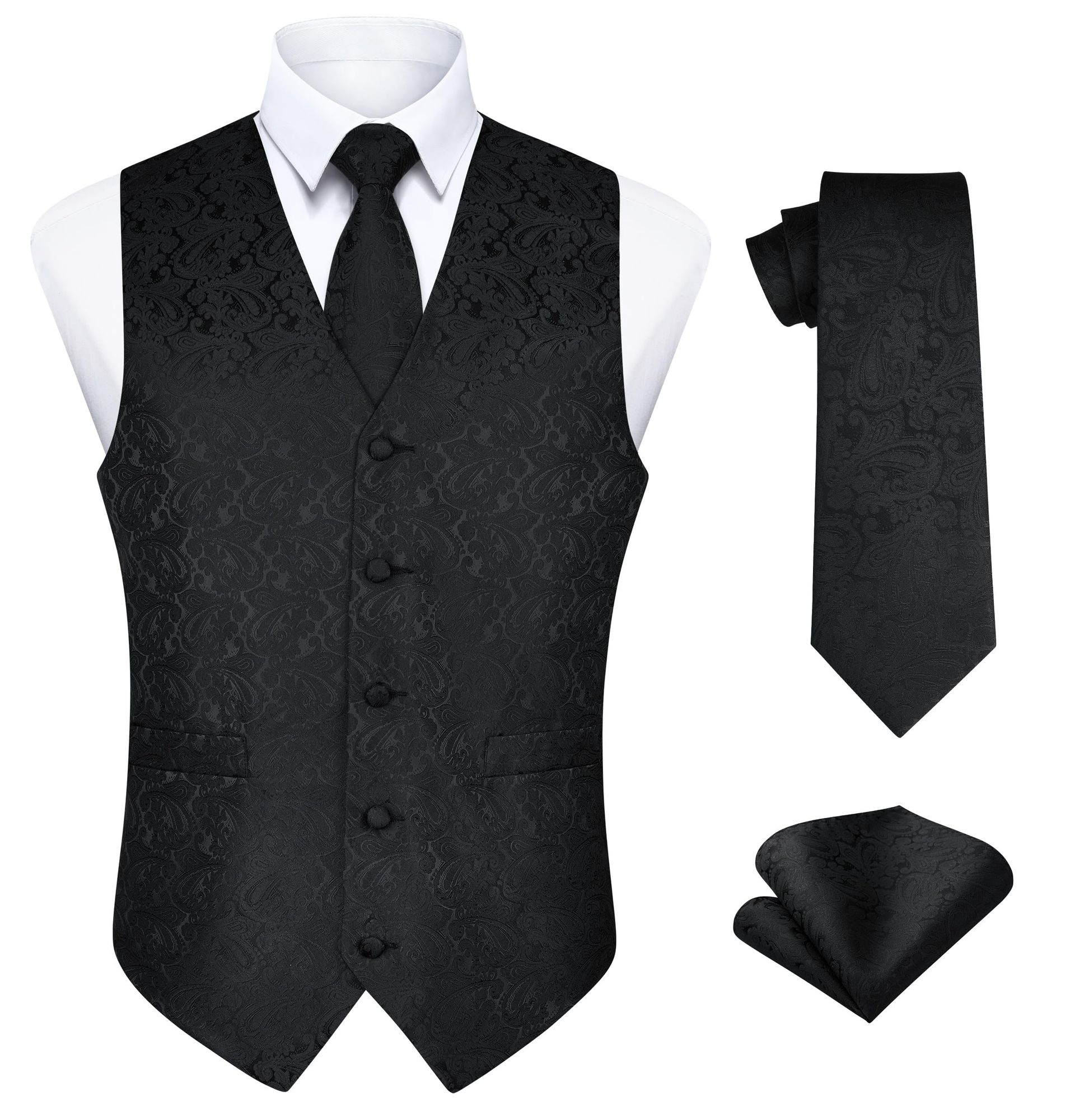 Men's Paisley Floral Waistcoat Set with Necktie & Pocket Square for Wedding, Party & Business - Black A XS