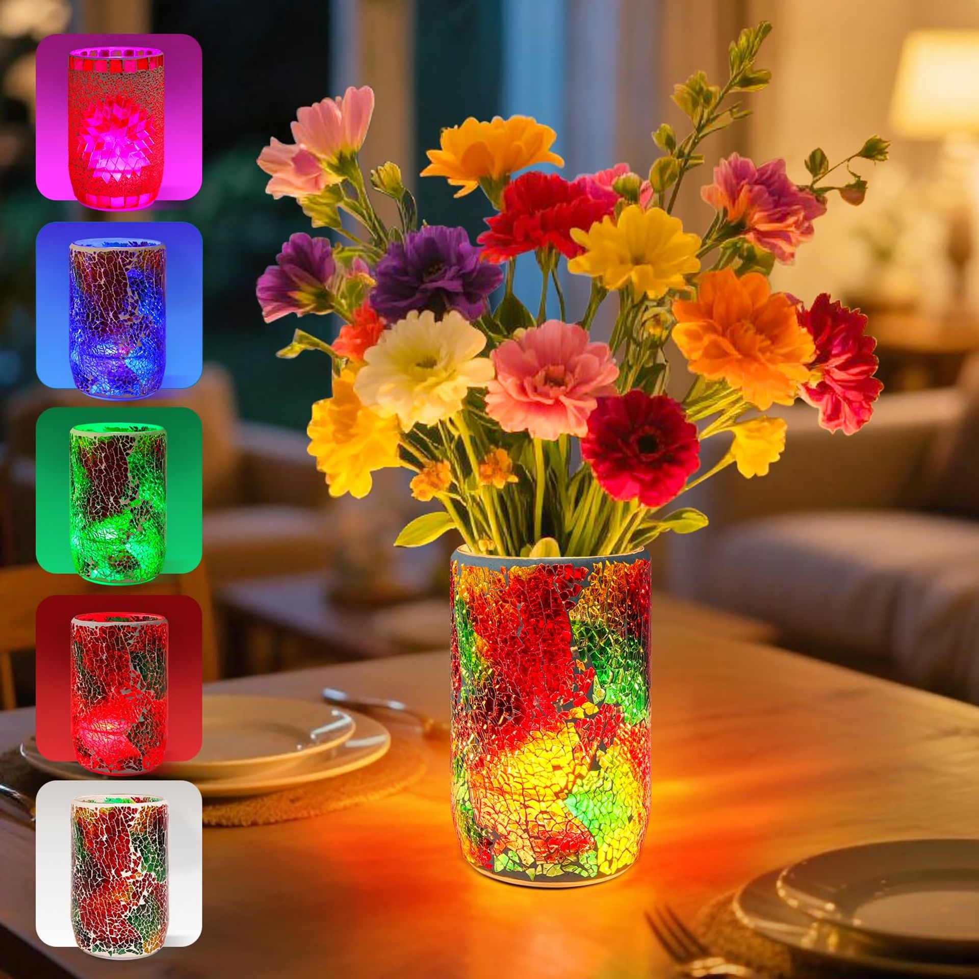 Mosaic Glass Vase Lamp Rechargeable LED Table Light with Colour Change & Dimming - Red Mosaic