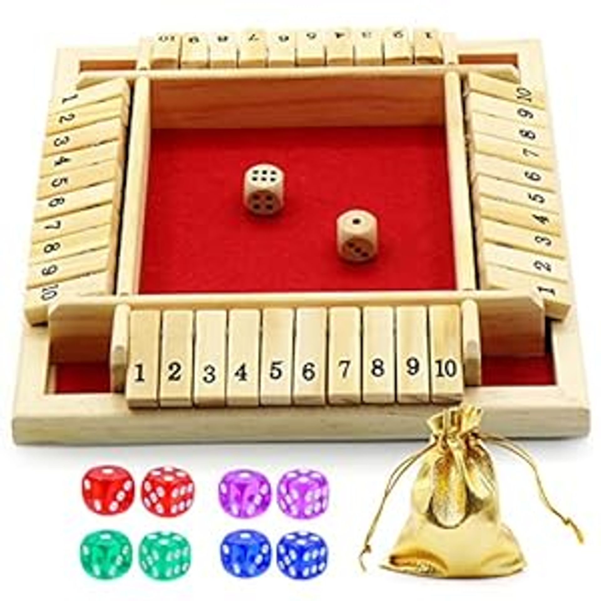 Wooden Shut The Box Game 4-Player Dice Number Board Game with 10 Dice - Red One Size