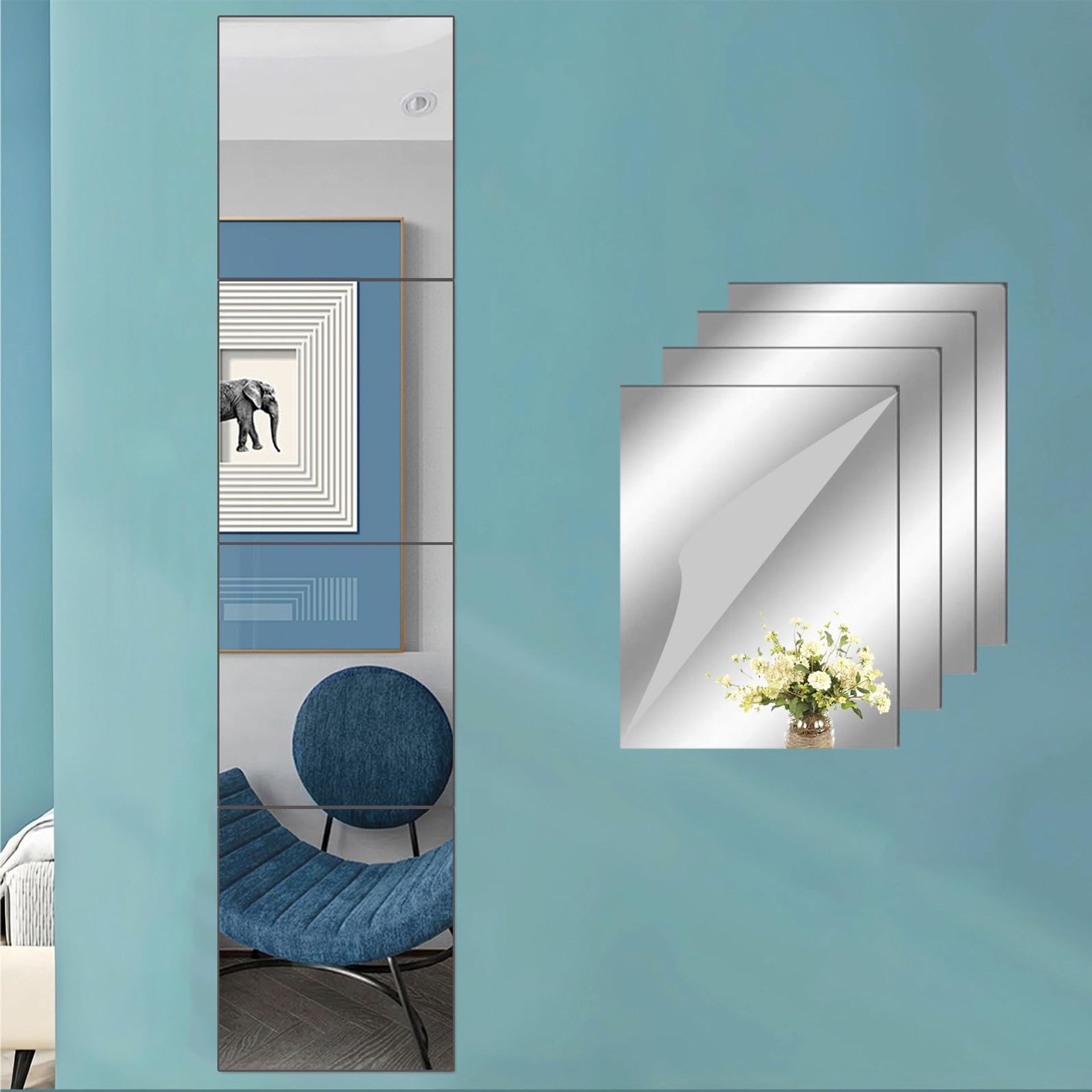 Acrylic Self-Adhesive Mirror Tiles, 4 Pack Flexible Wall Mirrors, 7.8x11.8in - Home Decor Bargain