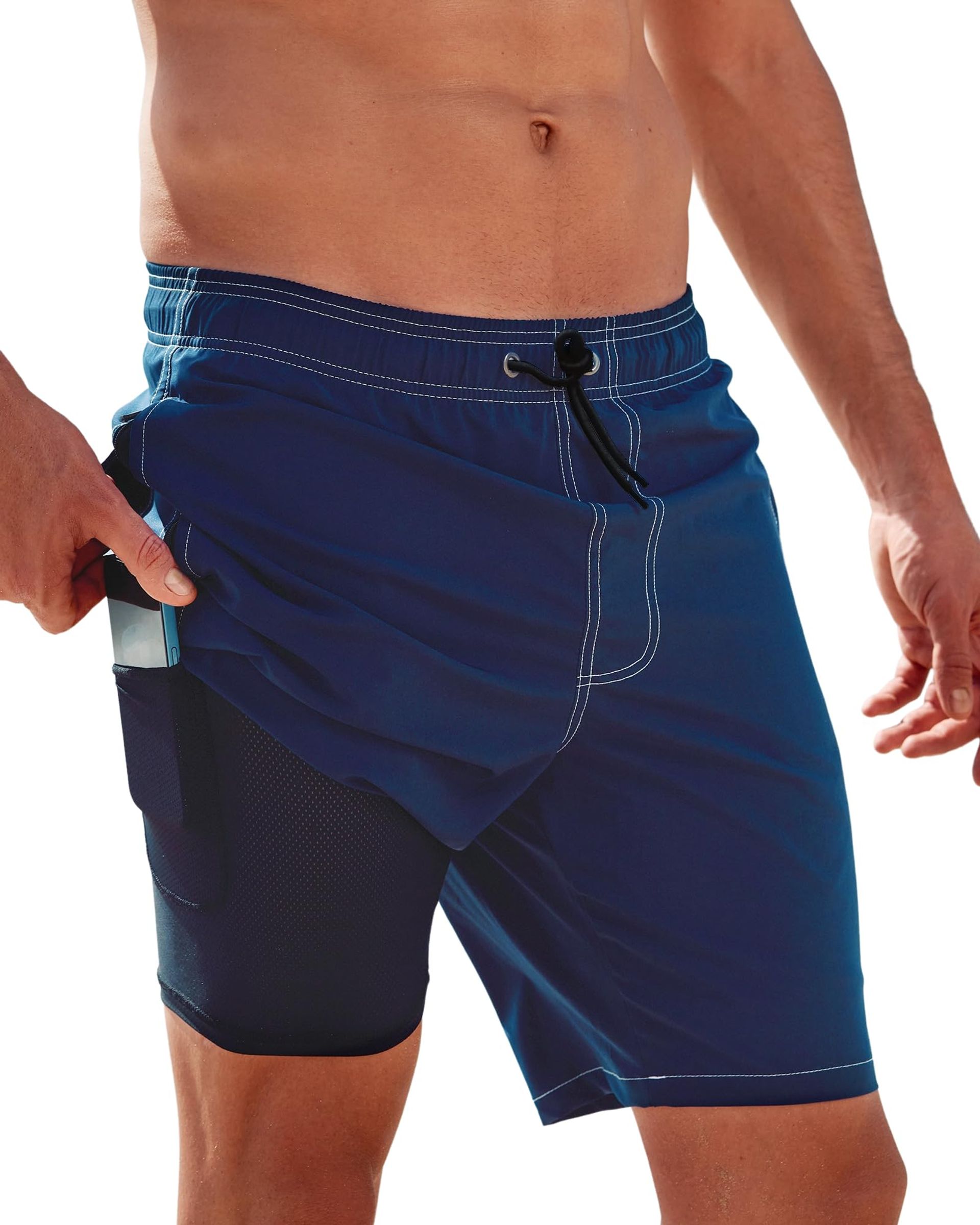 Men's 2-in-1 Long Swim Shorts with Compression Liner Quick-Dry Zipper Pockets - Dark Blue XS Plus Tall