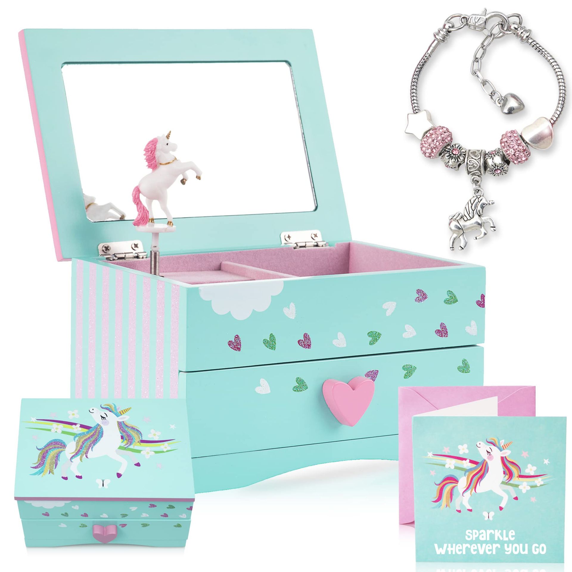 Unicorn Musical Jewellery Box for Girls with Charm Bracelet - Mint Green Gift Set