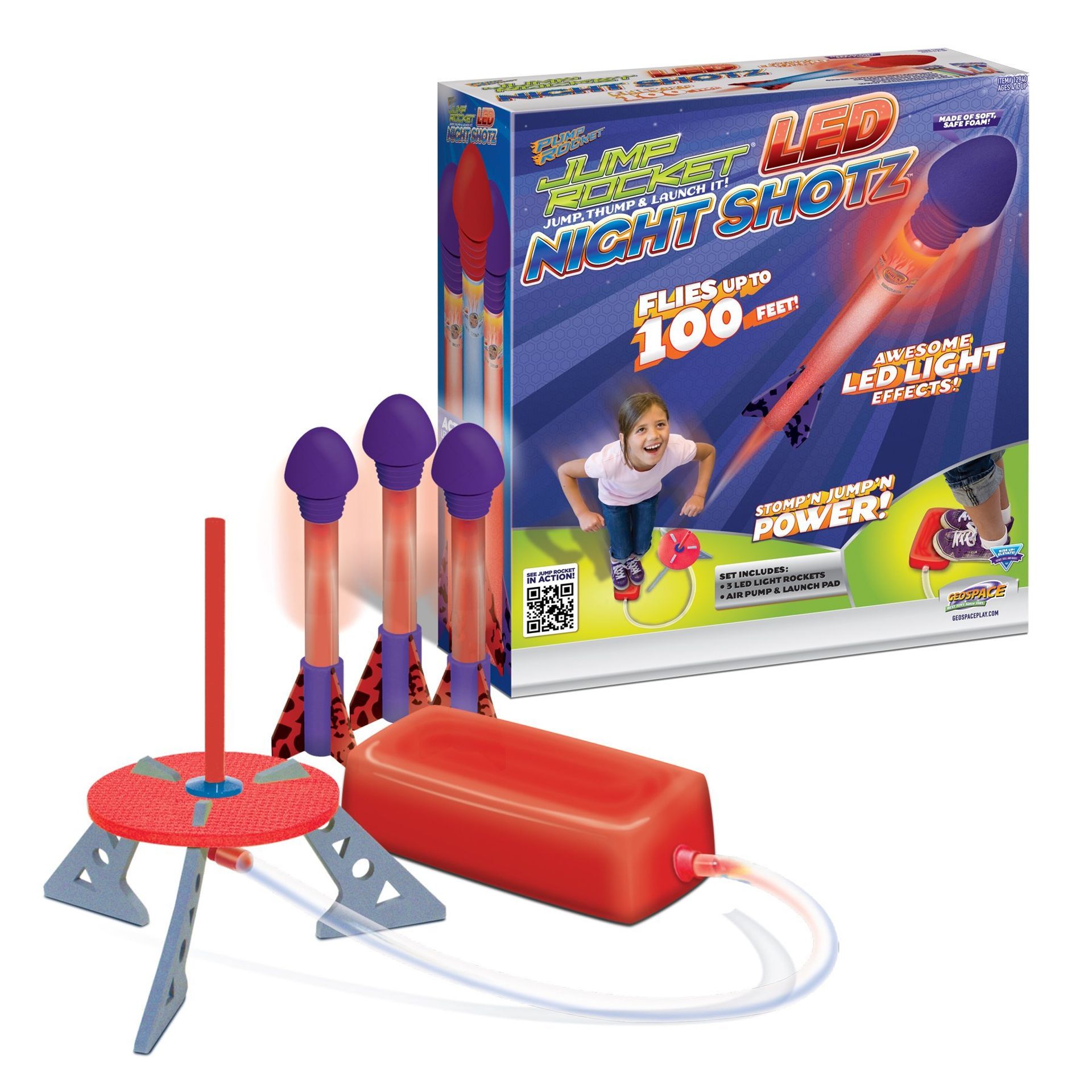 Jump Rocket LED Night Launcher with Air Pump & 3 Light-Up Foam Rockets - Multi-Colour Night Shotz Set