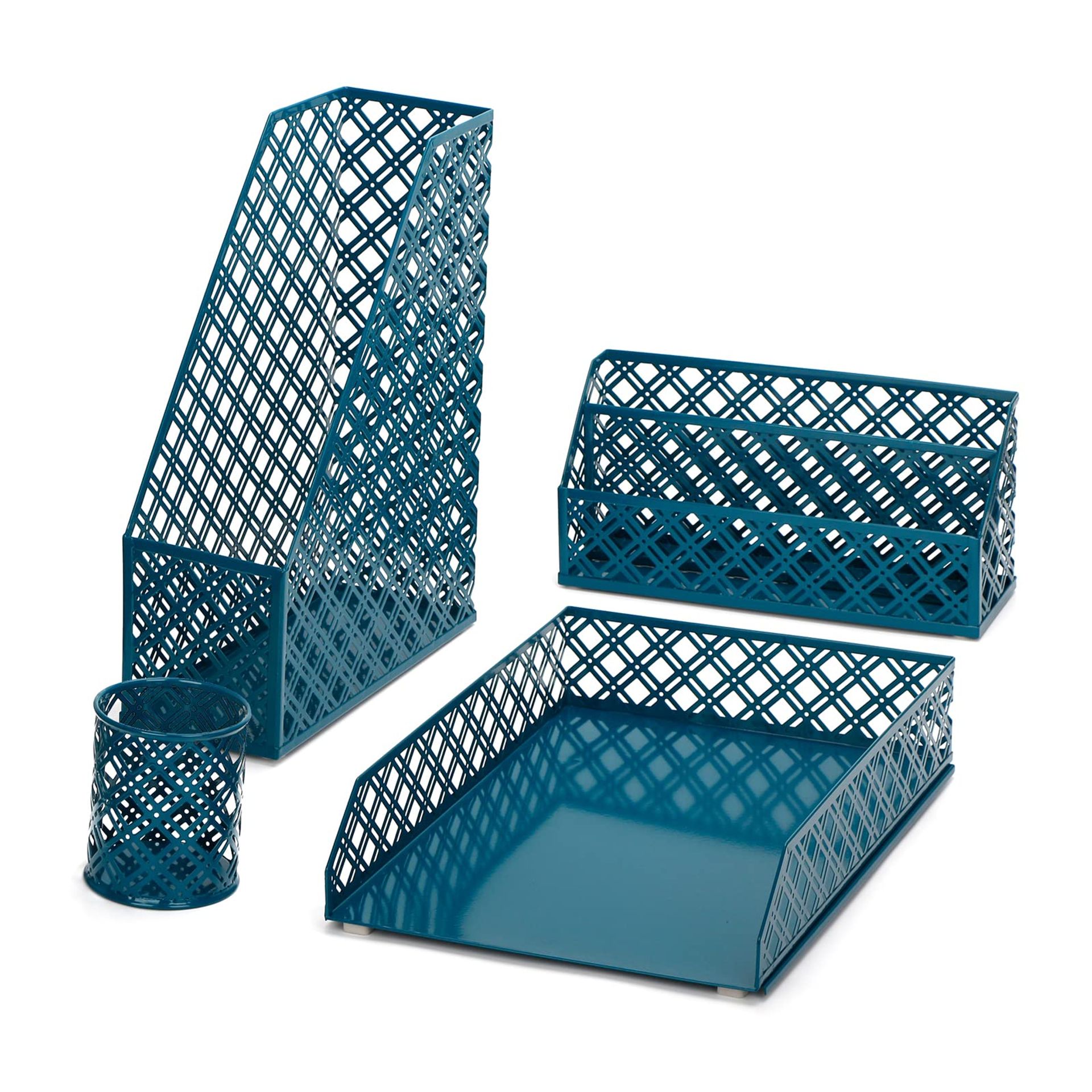 4-Piece Desk Organiser Set with Letter Tray, Magazine Holder, Pen Pot & Sorter - Aegean Blue Metal Mesh