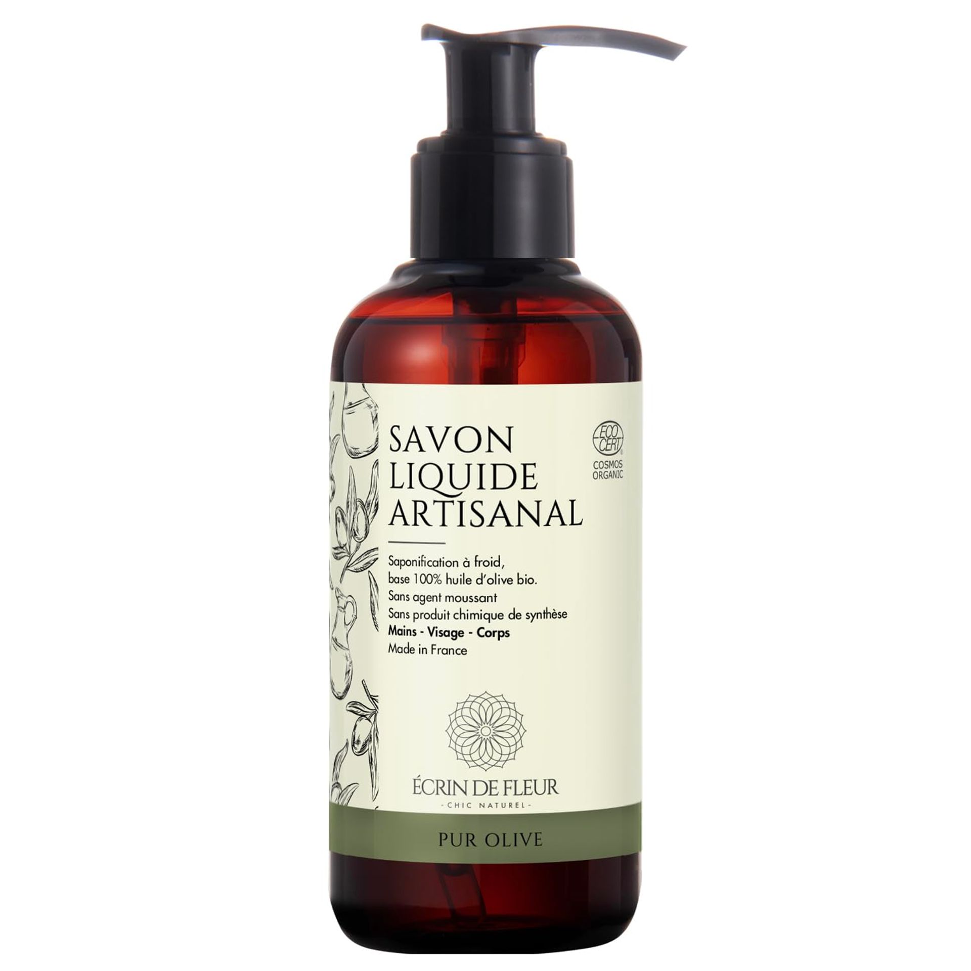 Écrin De Fleur Organic Pure Olive Liquid Soap 250ml - Artisan Crafted, Cold Processed, Non-Toxic