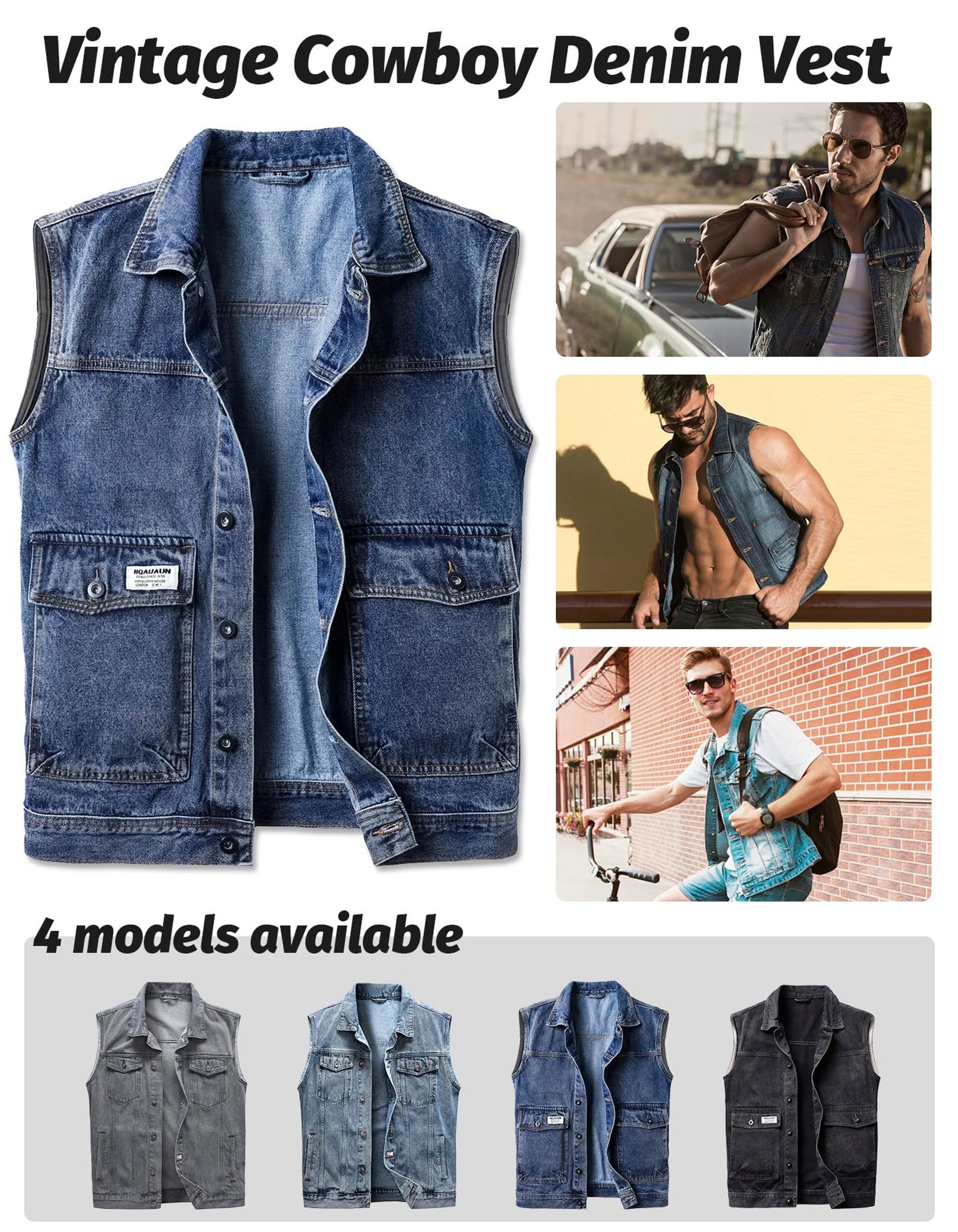 Men'S Vintage Denim Vest Gilet Cowboy Biker Waistcoat - S To XXL