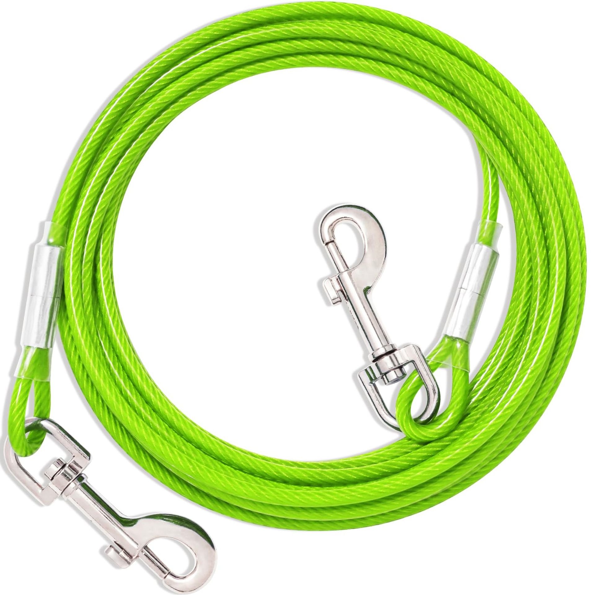 Dog Tie Out Cable Leash Heavy-Duty Steel Wire with Durable Clips for Outdoor Use and Pet Safety - Green 9m