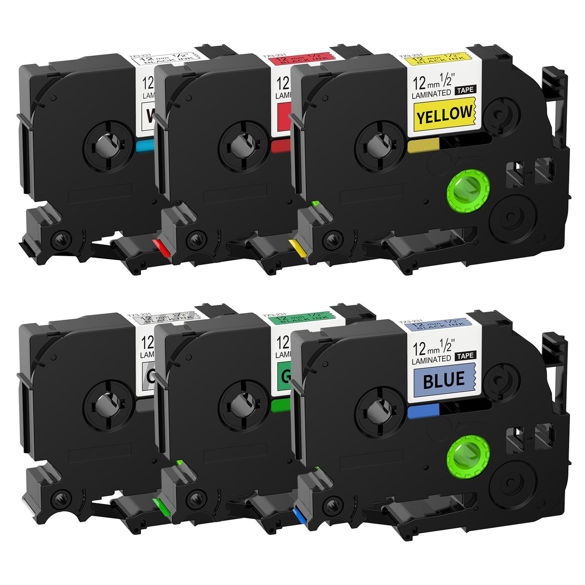 Weipto 12mm x 8m Label Tapes for Brother P-Touch - 6 Colour Pack: Black, Clear, Red, Blue, Yellow, Green