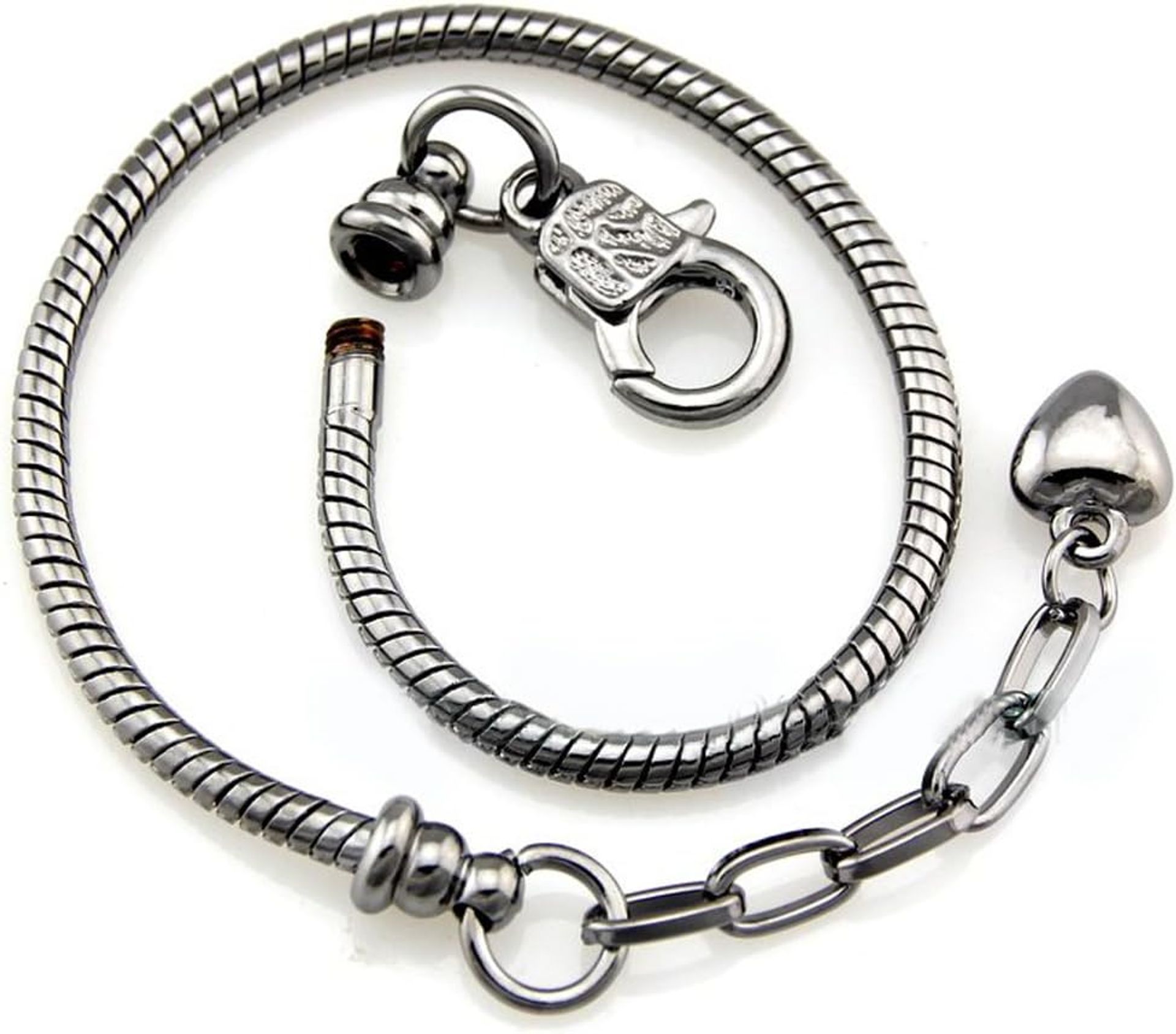 European Style Snake Chain Charm Bracelets Set with Heart Lobster Clasps, Fits Pandora and Other Beads, 10 Piece Pack - Gunmetal Black 18cm
