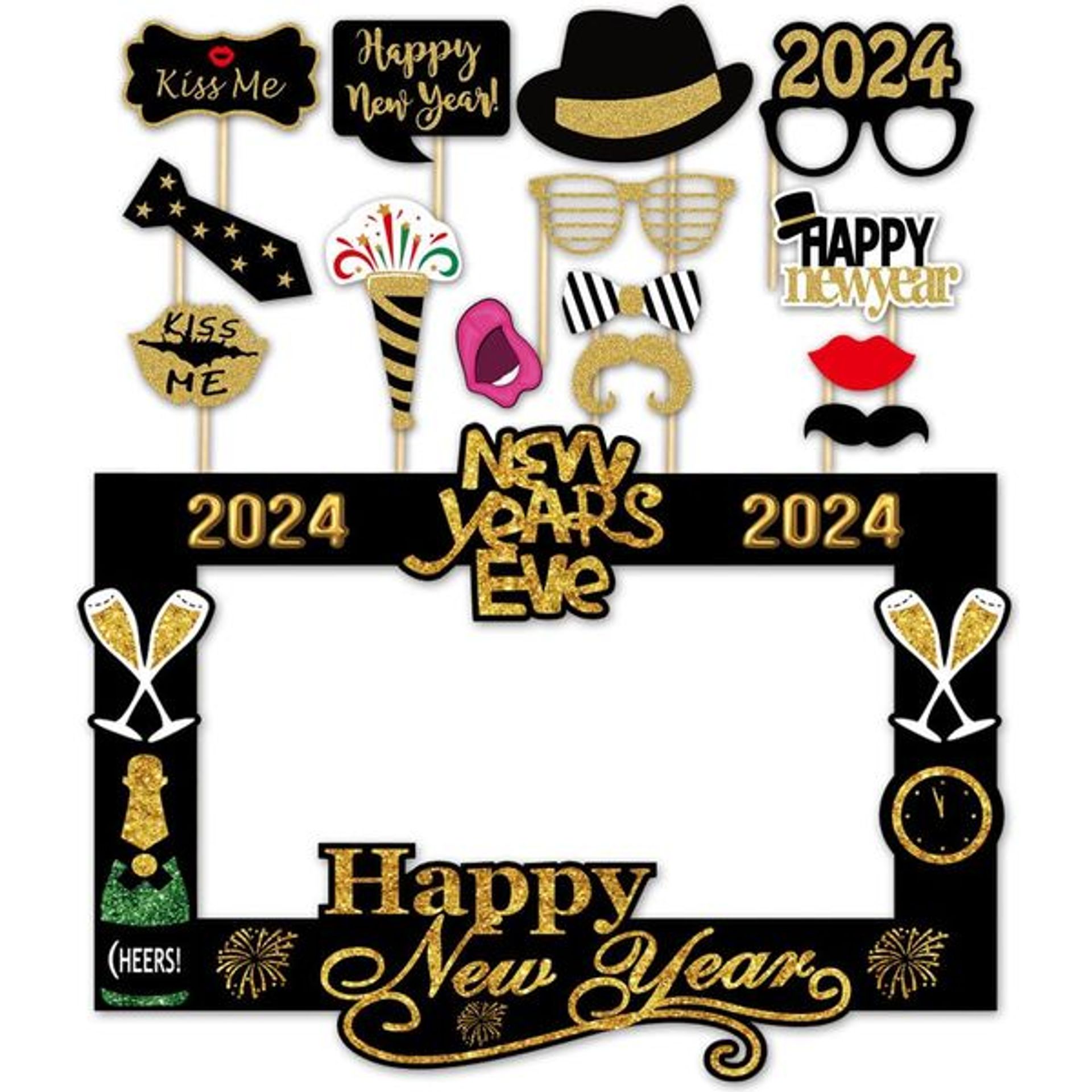 2024 New Year's Eve Party Photo Booth Props - Pack of 15 High-Quality Decorations