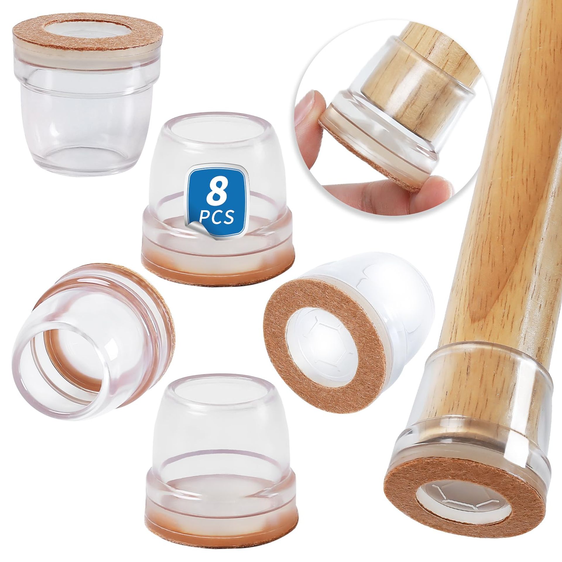 Transparent Silicone Chair Leg Floor Protectors with Felt - Anti-Skid, No Noise or Scratches, 8 Pack