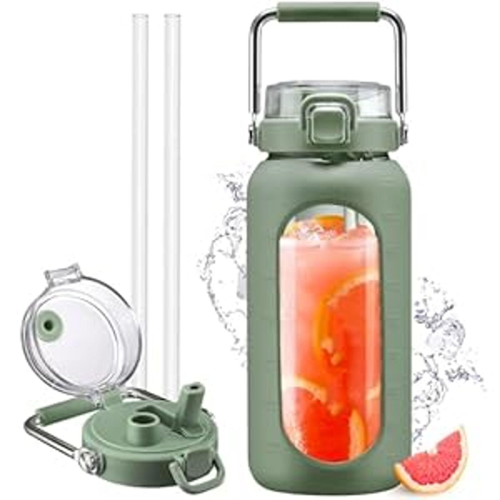 2L Glass Water Bottle with Straw, Time Marker & Silicone Sleeve BPA-Free Leak-Proof Wide Mouth Hydration Jug - Oliver 2L