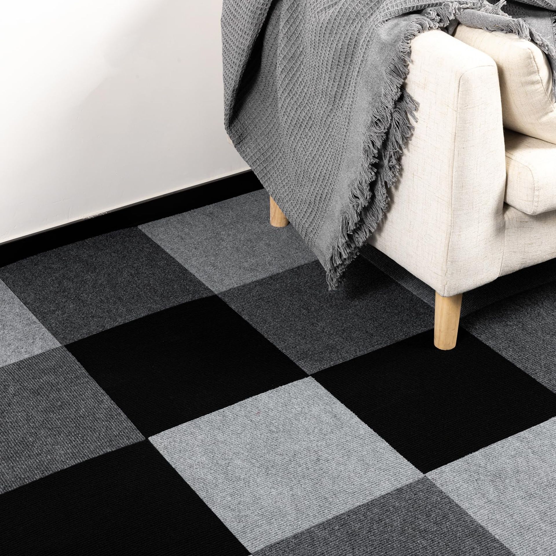 Self Adhesive Carpet Floor Tiles, Non-Slip Vinyl, Waterproof, Easy Cut & Fit - Black 30x30cm, 20PCS Covers 1.8m²