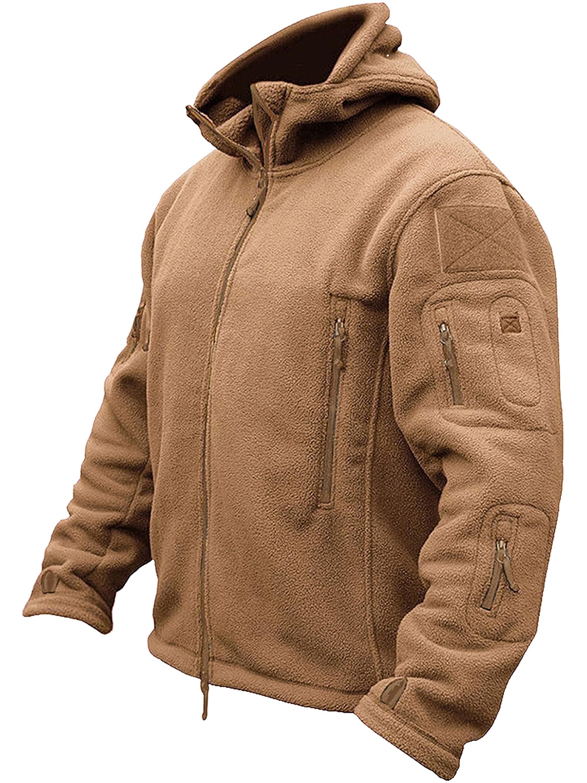Windproof Men's Fleece Combat Jacket with Tactical Hood, Sand, Size L - Limited Stock