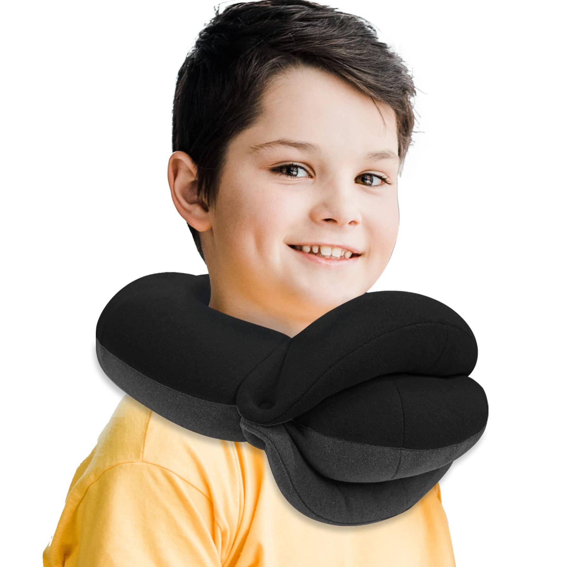 360° Kids Travel Pillow - Soft, Skin-Friendly Neck Support for Long Flights and Car Journeys (40-100 lbs, Black Grey)