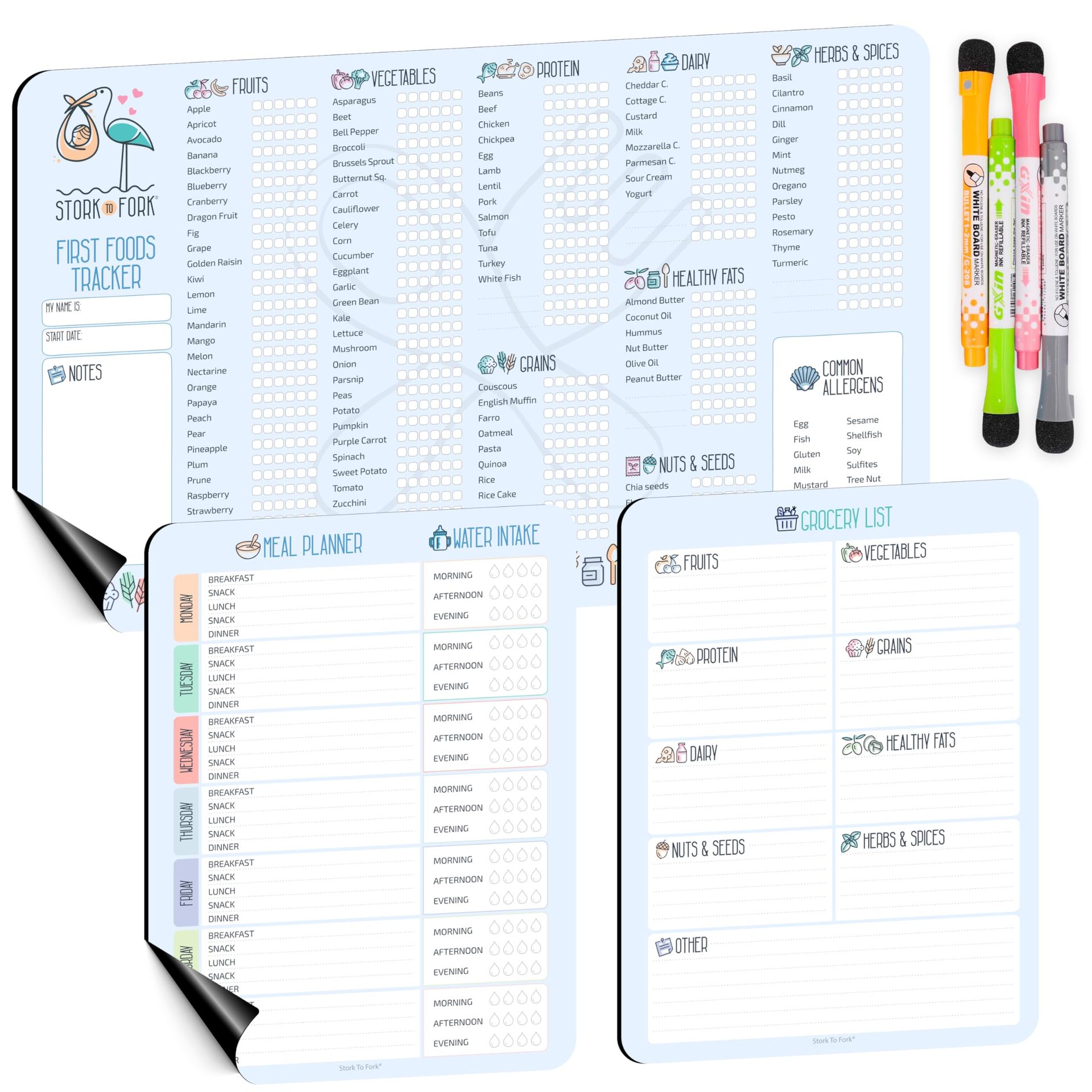 Baby First Food Tracker 3-in-1 Magnetic Meal Planner & Grocery List Dry Erase Fridge Chart - Blue (A4 & A5)