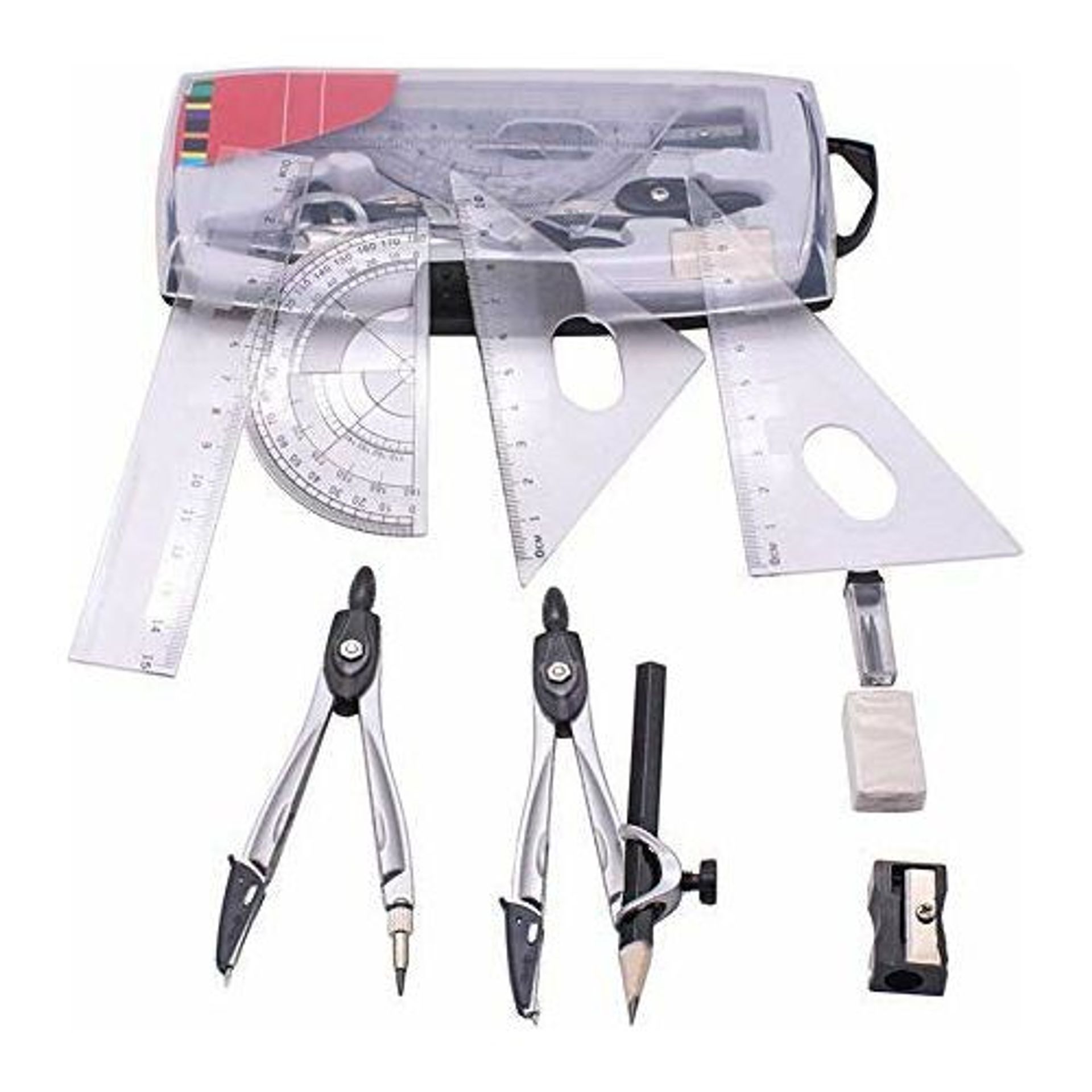 15 Pcs Compass Geometry Set With Swing Arm Protractor, Ruler, Divider, Se